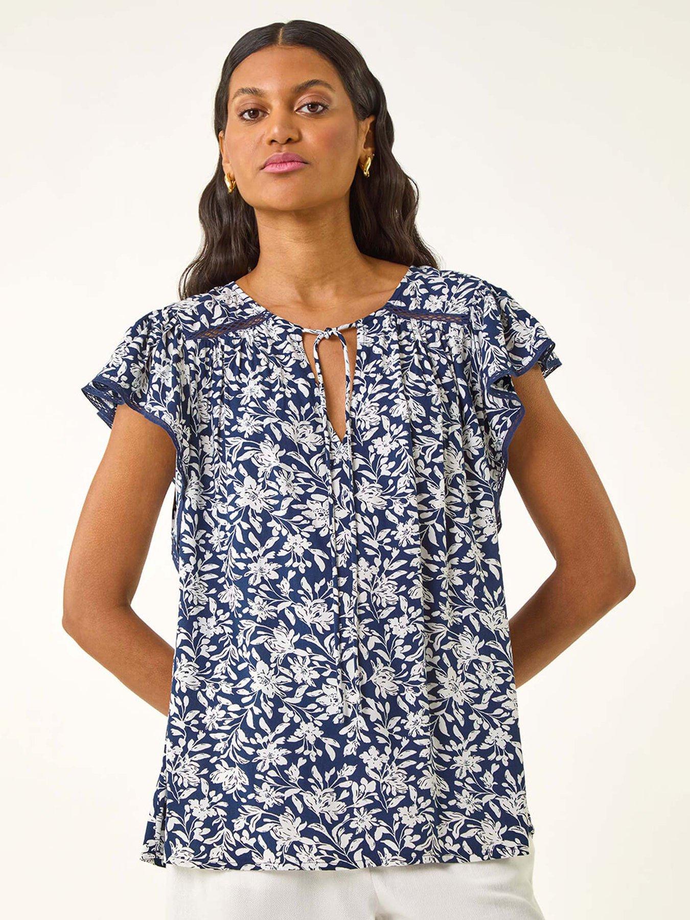 Image 1 of 5 of Roman Floral Print Frill Sleeve Tie Top - Navy