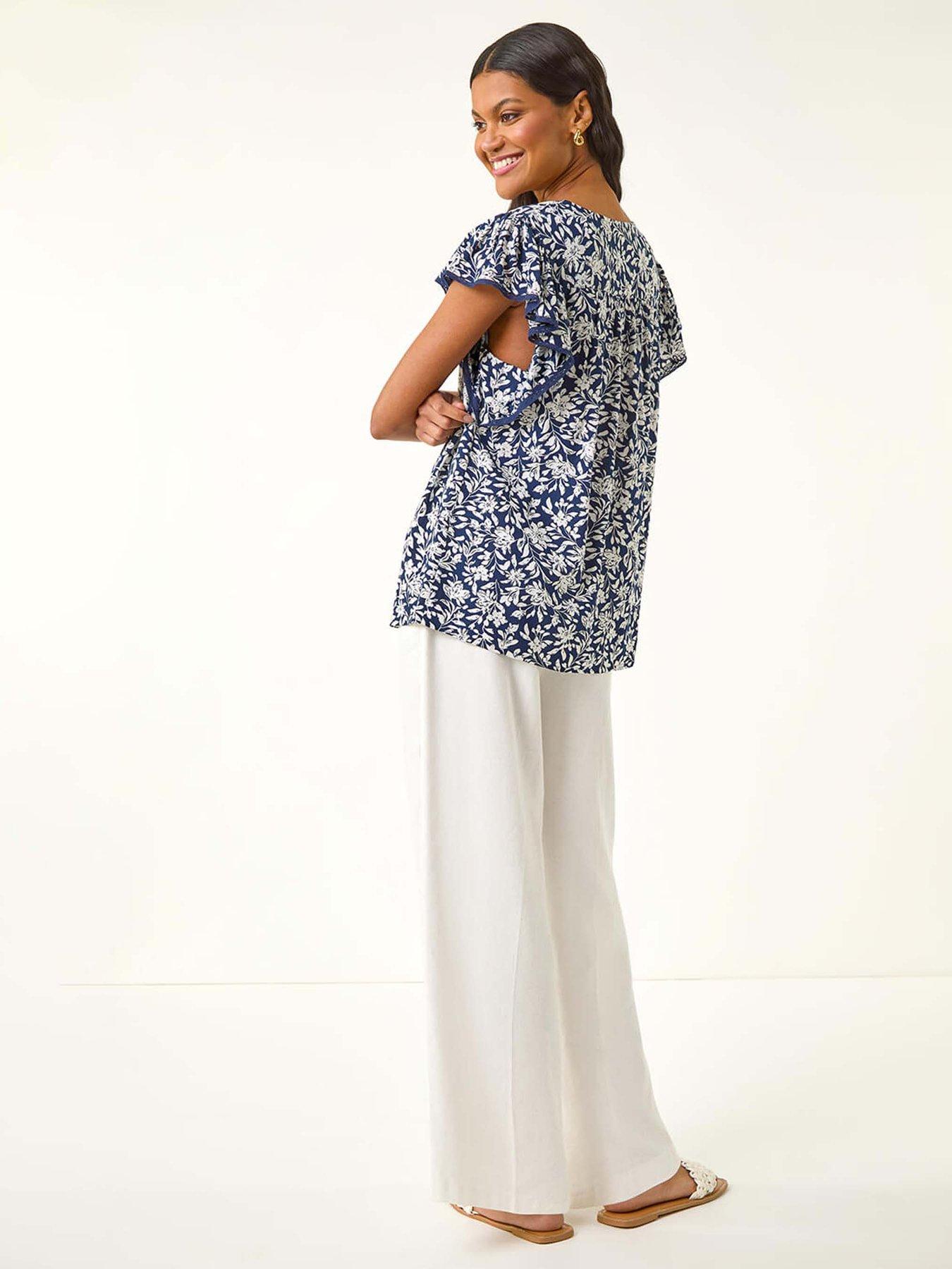 Image 2 of 5 of Roman Floral Print Frill Sleeve Tie Top - Navy