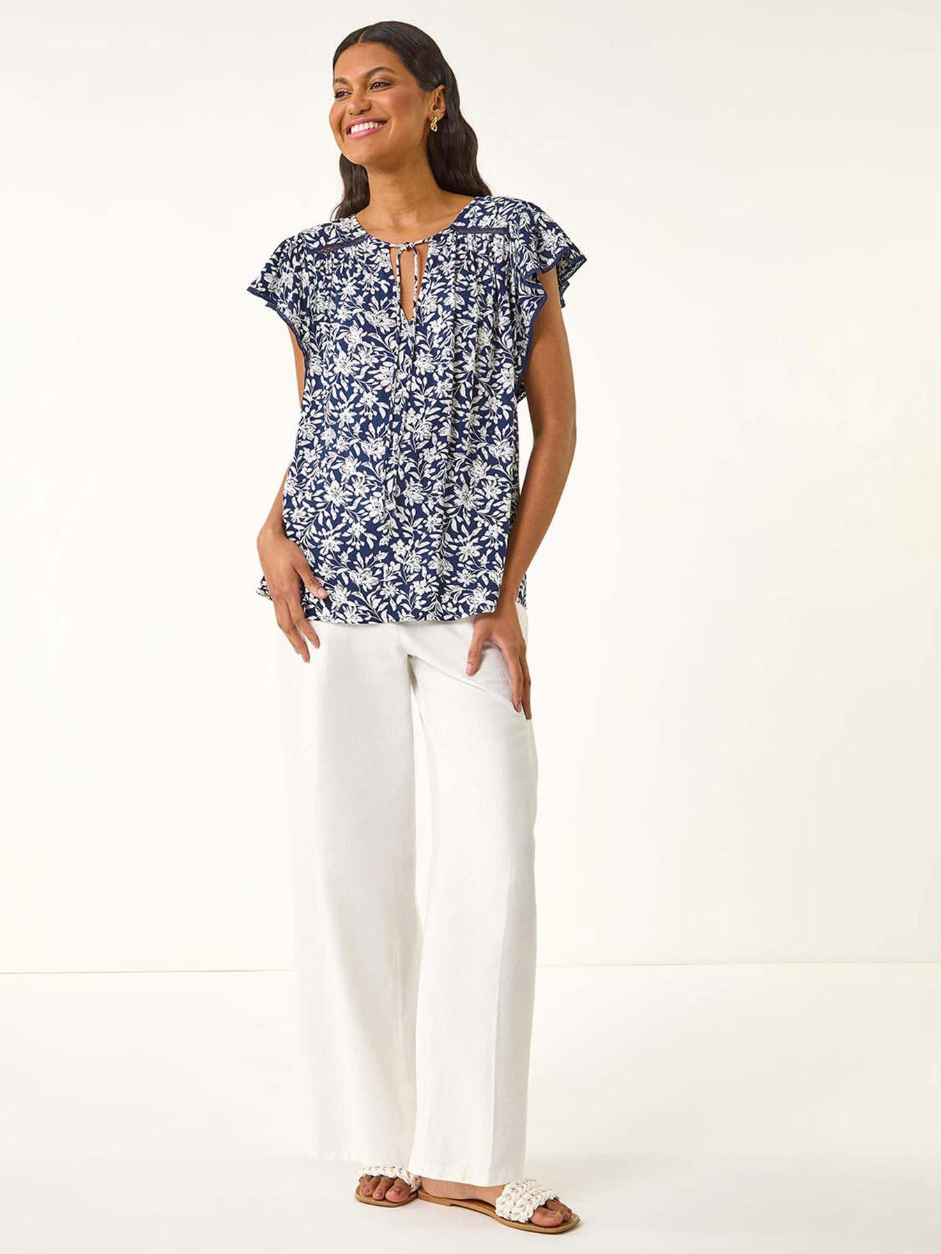 Image 3 of 5 of Roman Floral Print Frill Sleeve Tie Top - Navy