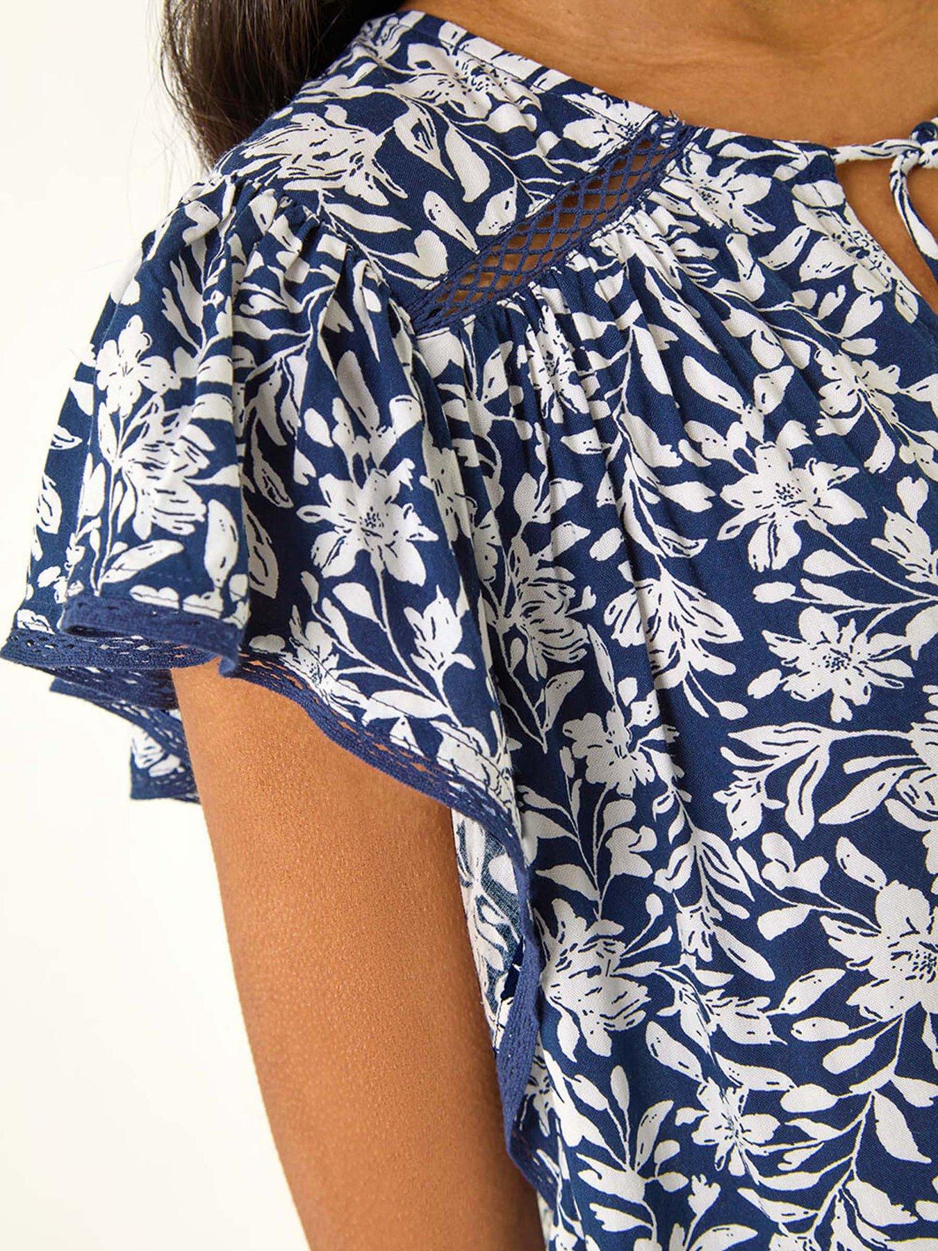 Image 5 of 5 of Roman Floral Print Frill Sleeve Tie Top - Navy