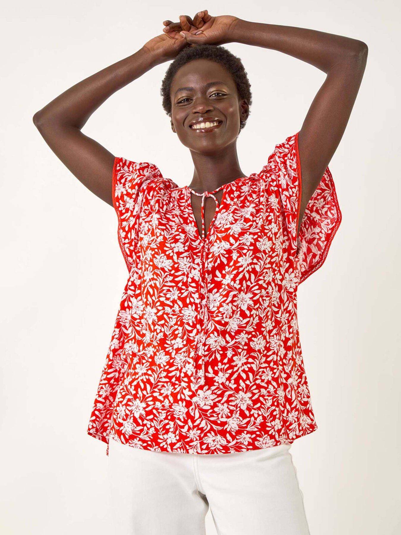  image of roman-floral-print-frill-sleeve-tie-top-red