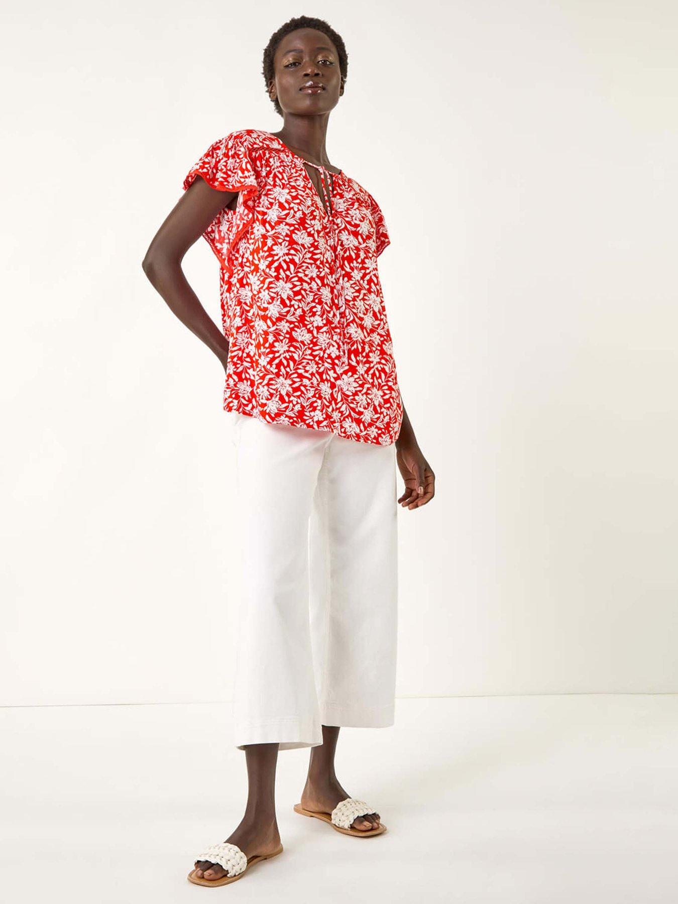  image of roman-floral-print-frill-sleeve-tie-top-red