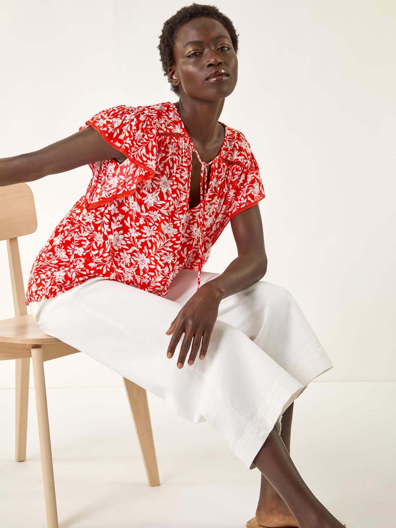  image of roman-floral-print-frill-sleeve-tie-top-red