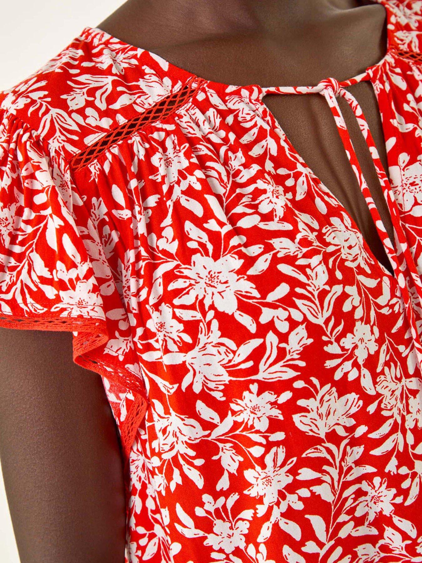  image of roman-floral-print-frill-sleeve-tie-top-red