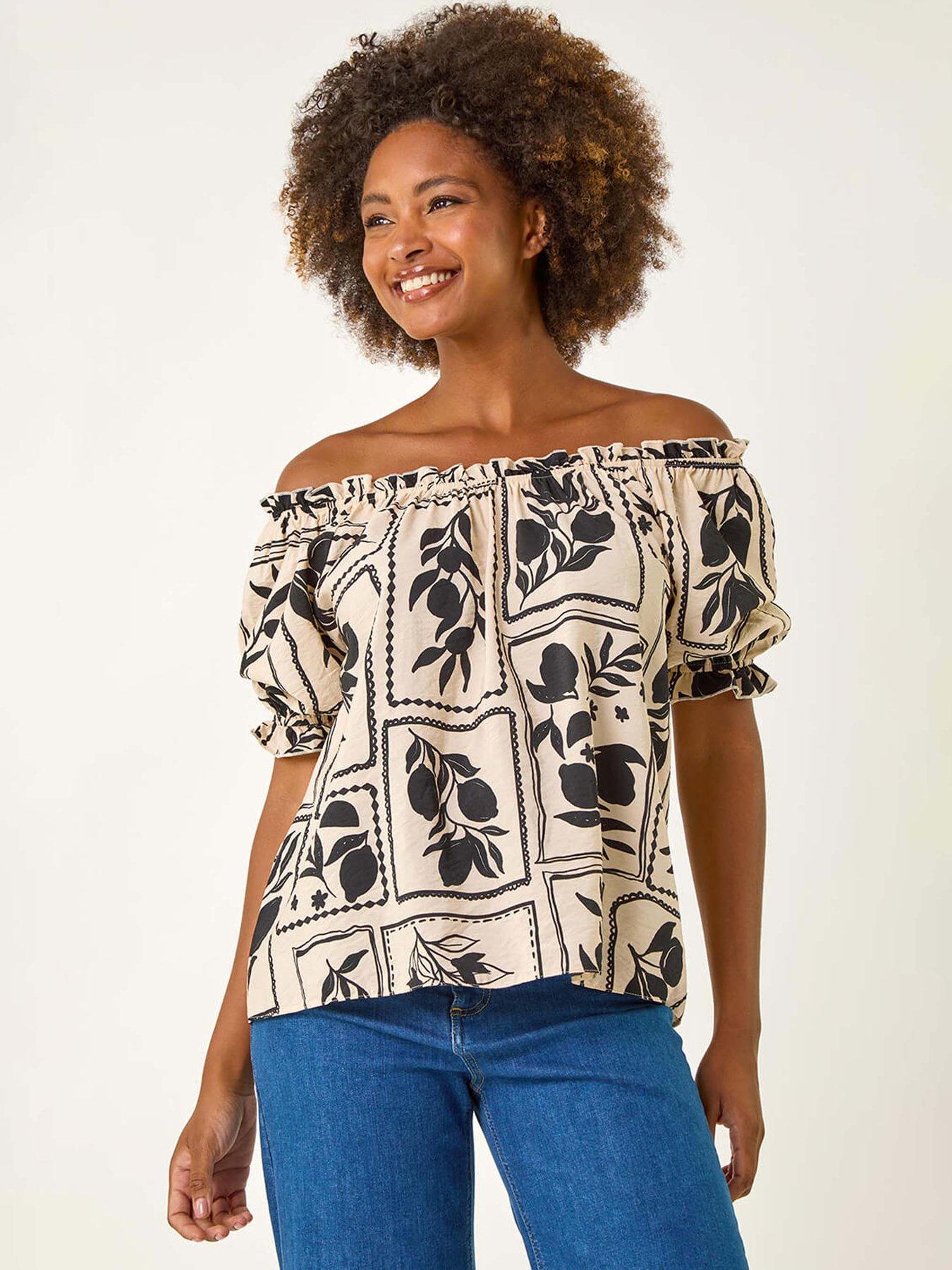 undefined Mono Print Bardot Top - Black