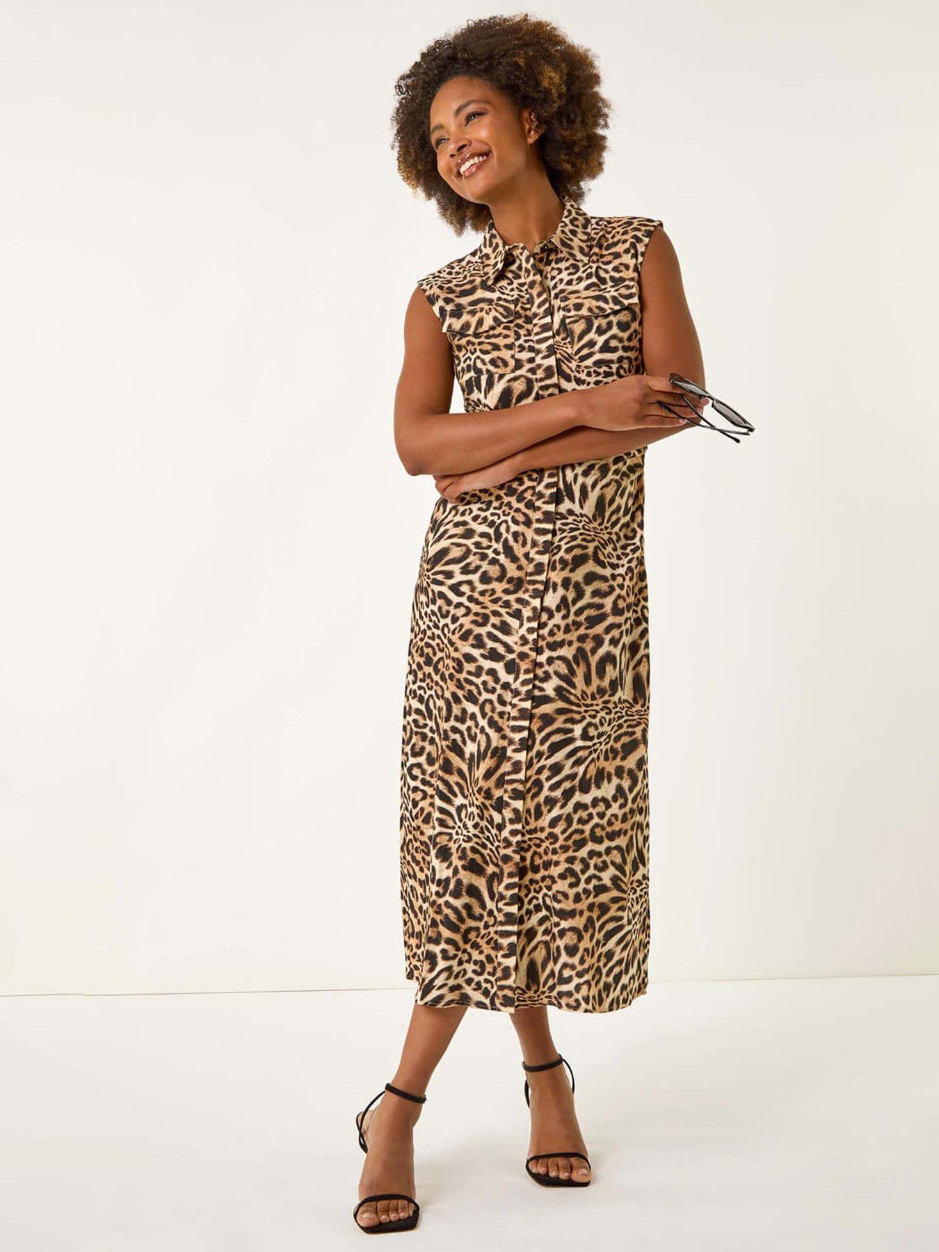 undefined Animal Print Gathered Shirt Dress - Tan