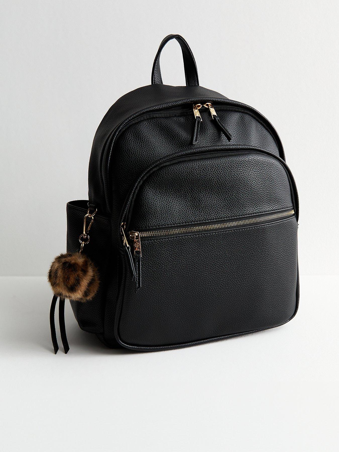 New Look Black Faux Leather Pom Pom Charm Backpack Littlewoods