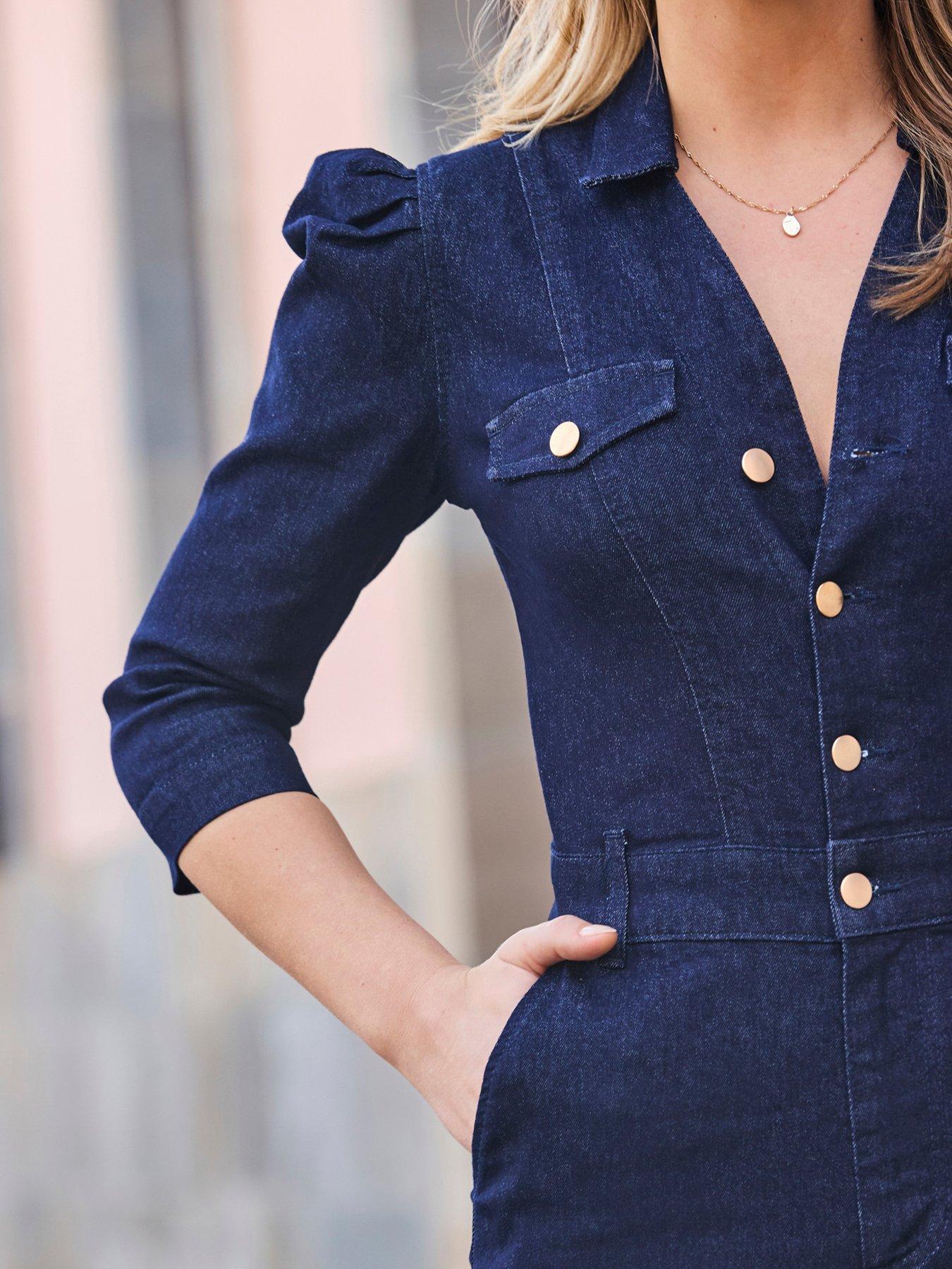  image of sosandar-black-blue-puff-sleeve-kickflare-jumpsuit-with-gold-hardware-natural