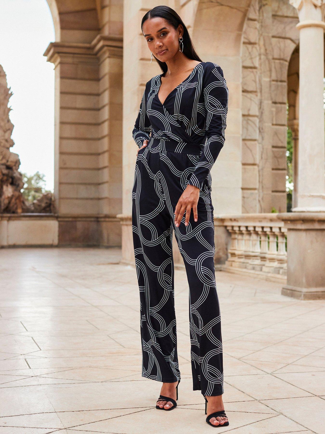 undefined Black Geometric Print Wrap Front Wide Leg Jumpsuit With Pockets