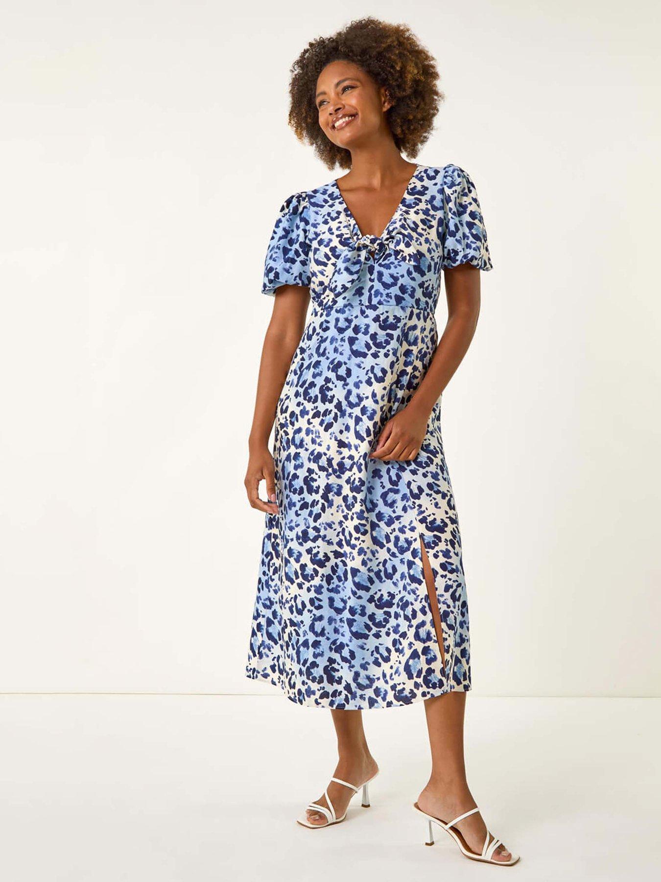 undefined Animal Print Tie Front Midi Dress - Blue