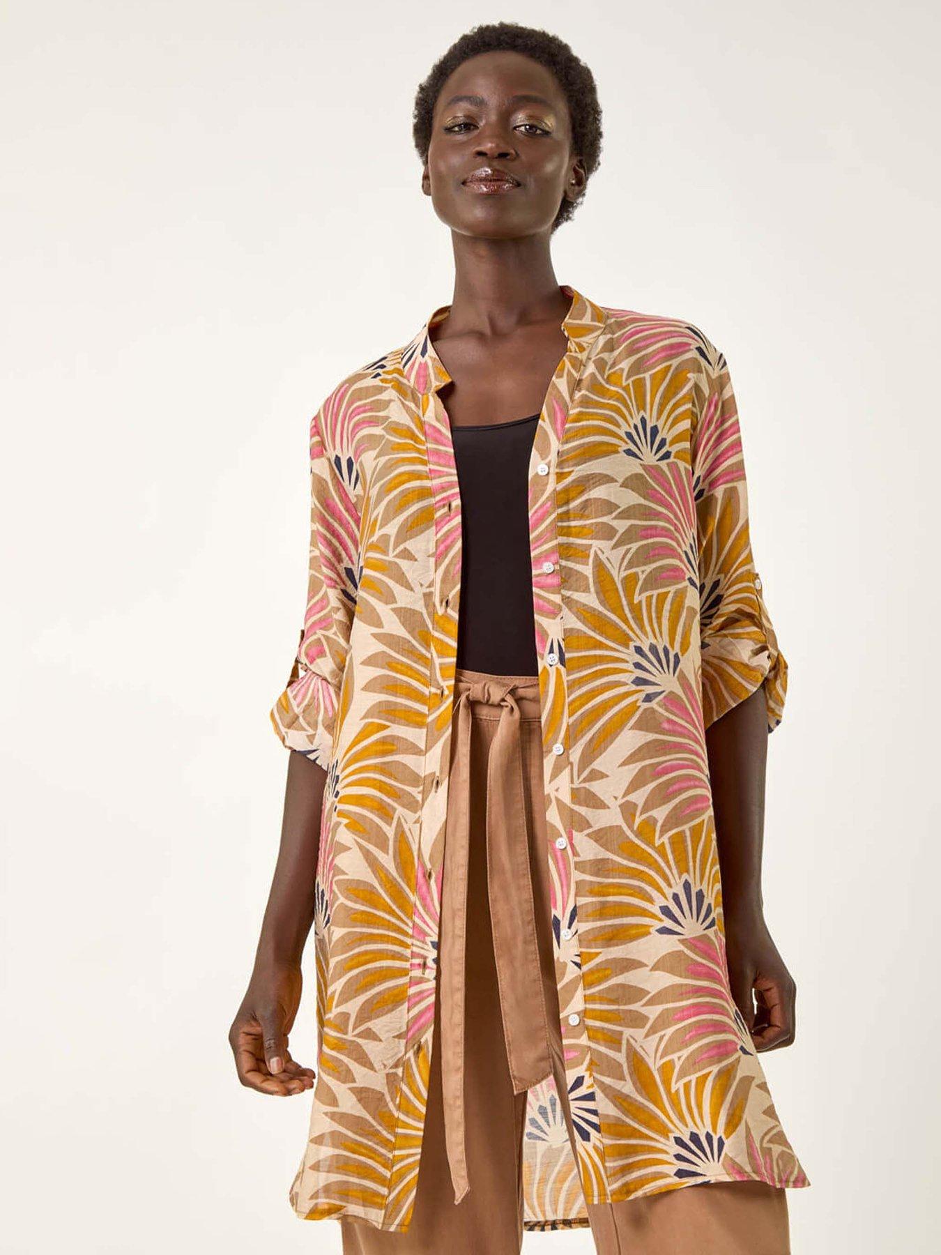 undefined Fan Print Longline Button Blouse  - Stone