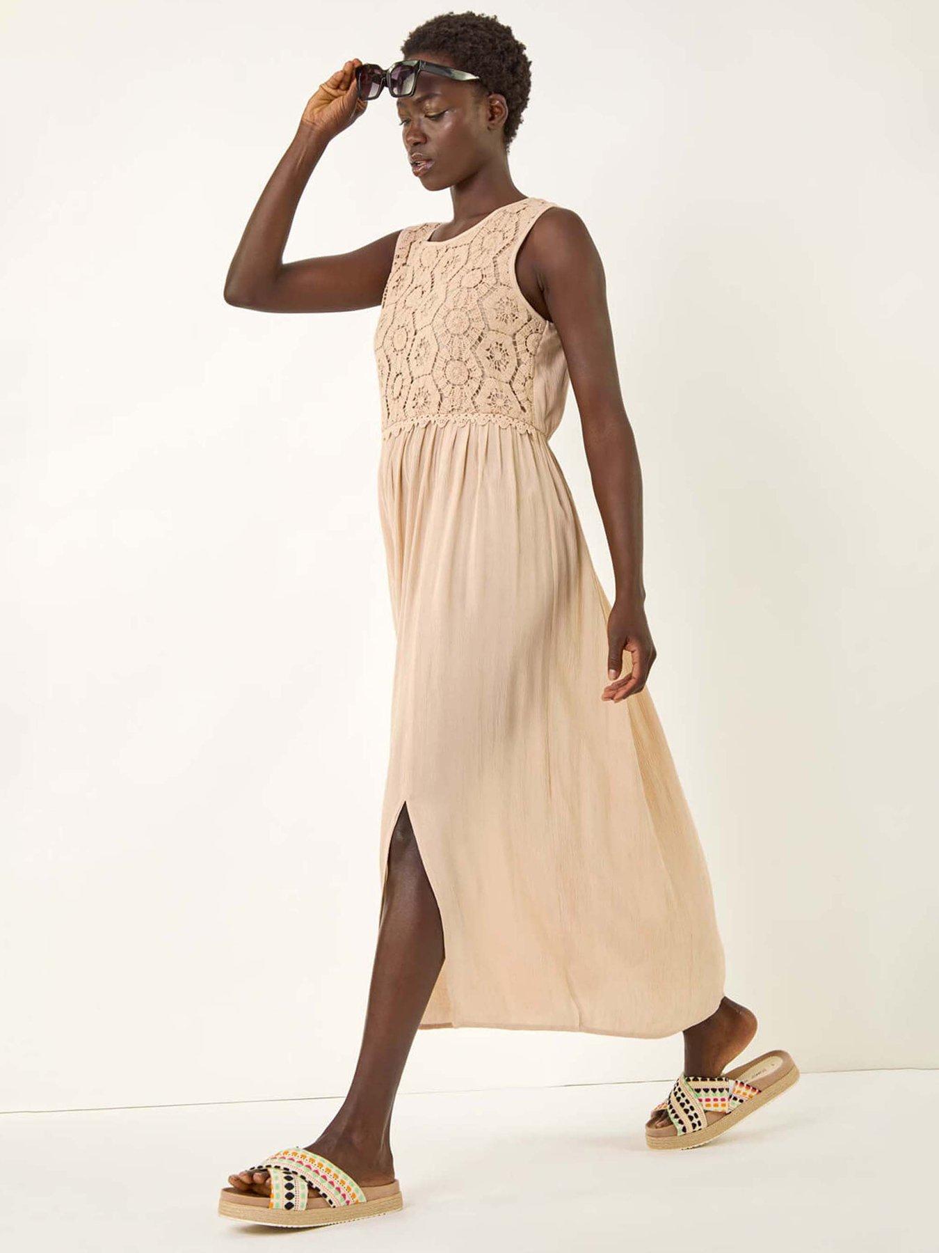 Image 1 of 5 of Roman Crochet Bodice Midi Dress - Stone