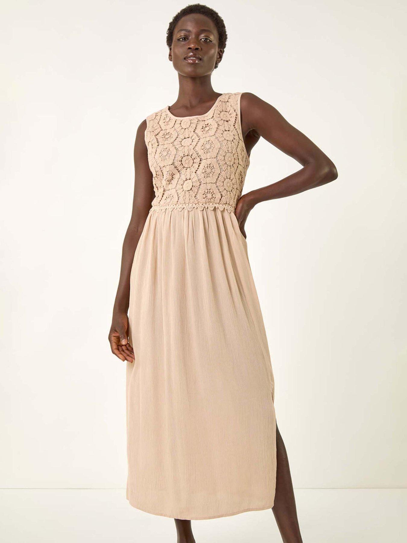 Image 3 of 5 of Roman Crochet Bodice Midi Dress - Stone