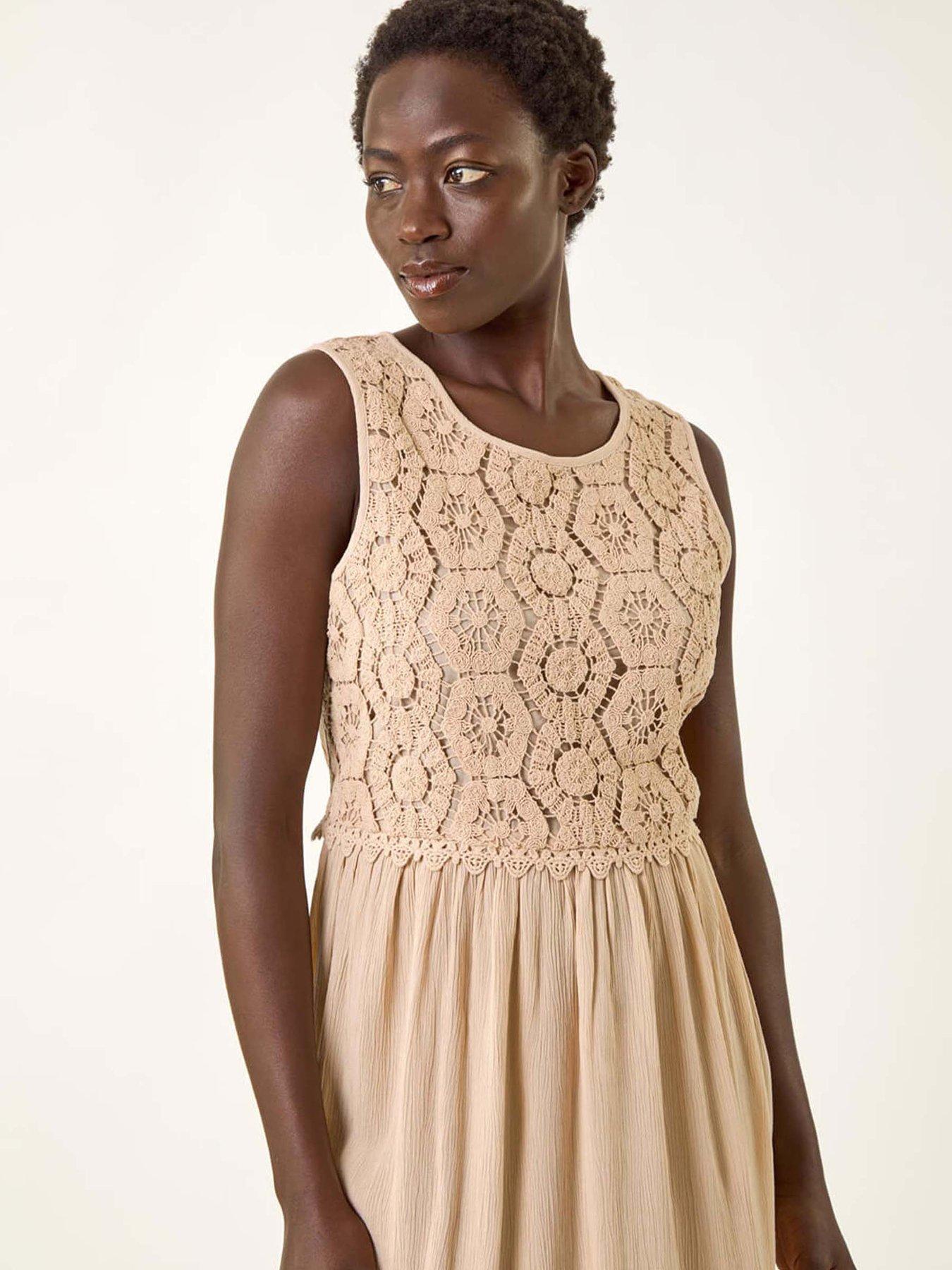 Image 4 of 5 of Roman Crochet Bodice Midi Dress - Stone