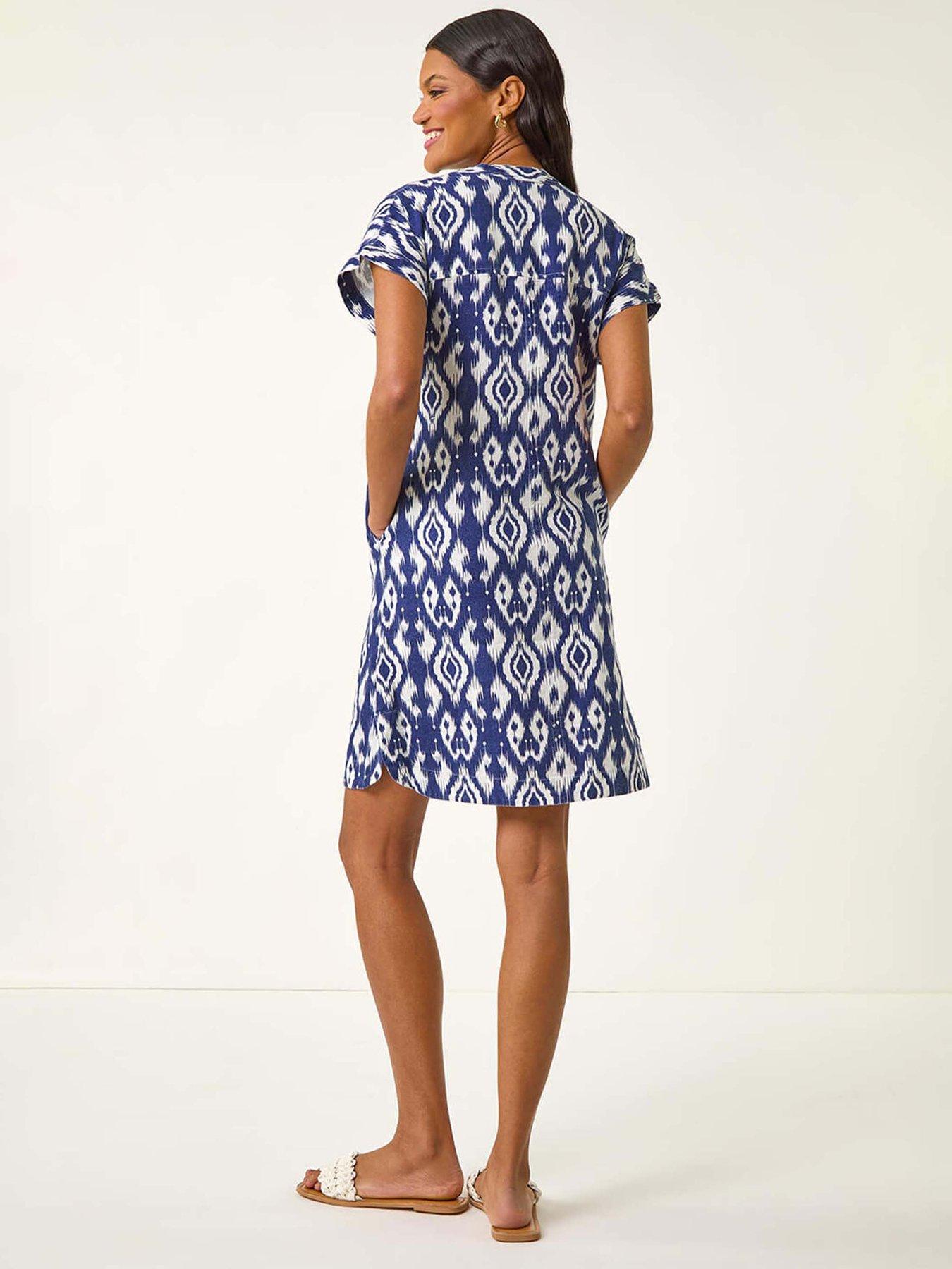Roman Aztec Print Linen Mix Shift Dress - Navy | Littlewoods
