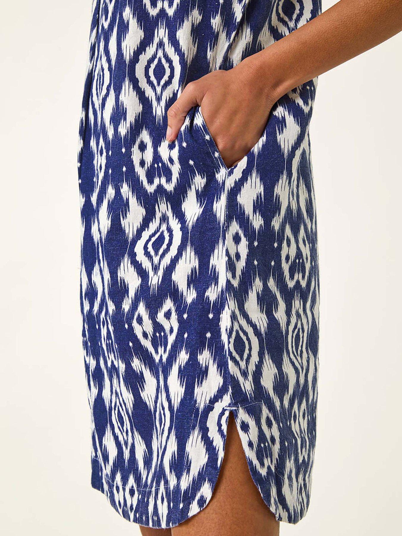 Roman Aztec Print Linen Mix Shift Dress - Navy | Littlewoods