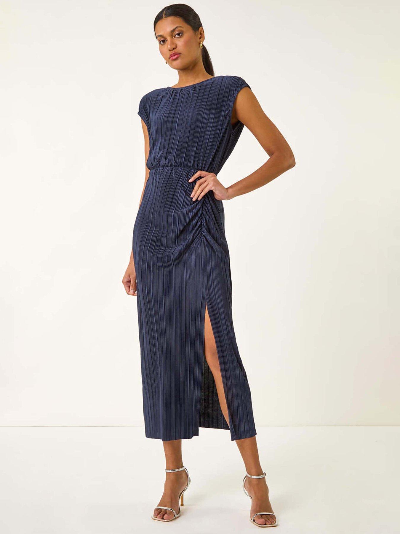 undefined Plisse Cowl Back Midi Dress - Navy