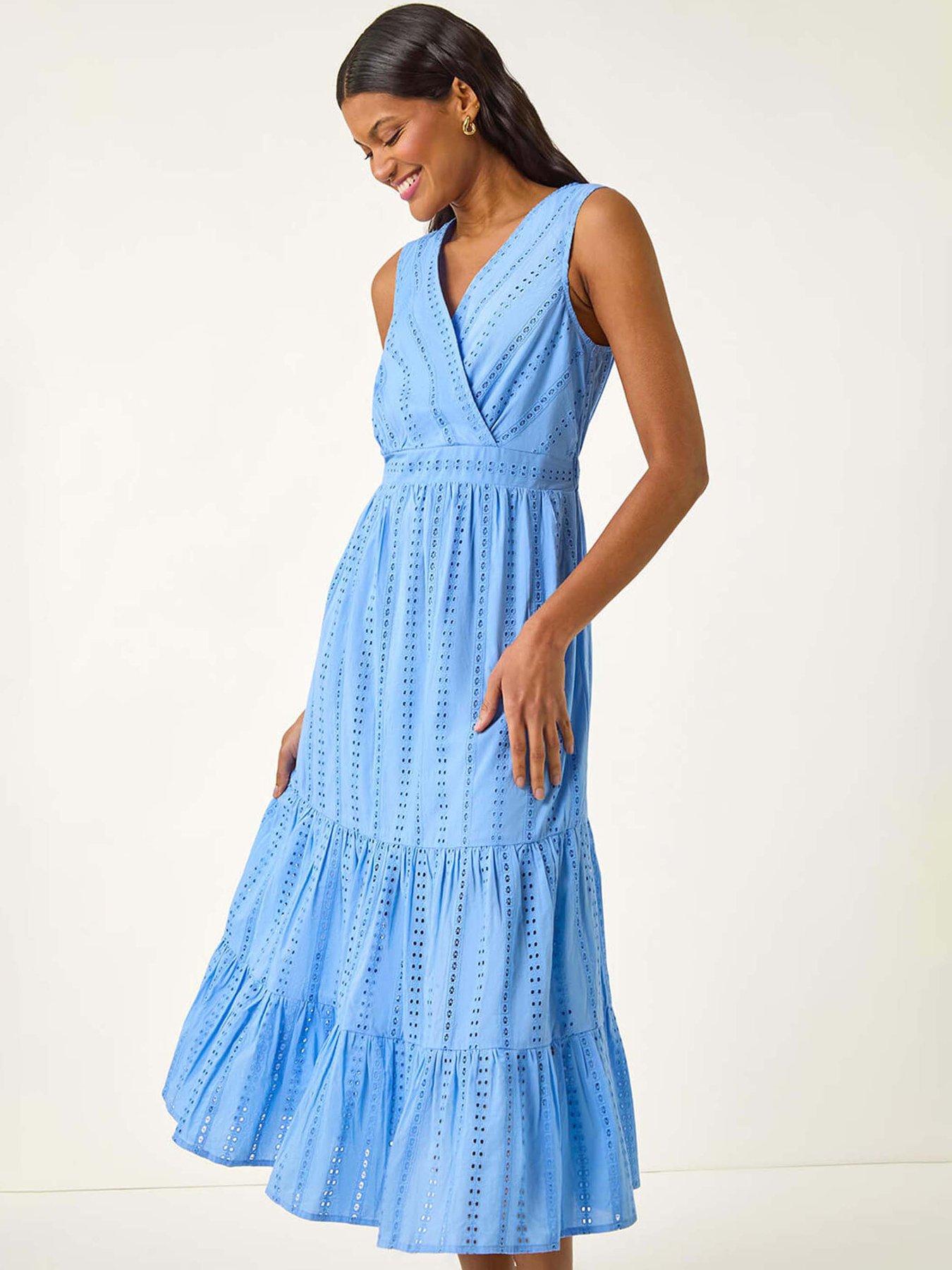 Image 3 of 5 of Roman Embroidered V-neck Midi Dress - Light Blue