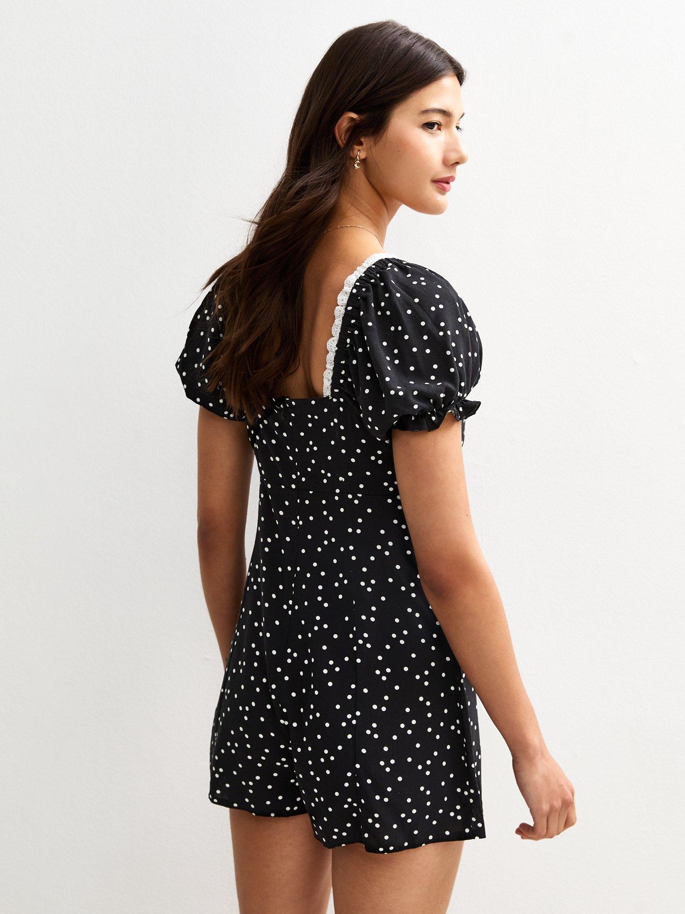 Image 2 of 4 of New Look Black Polka Dot Lace Trim Playsuit
