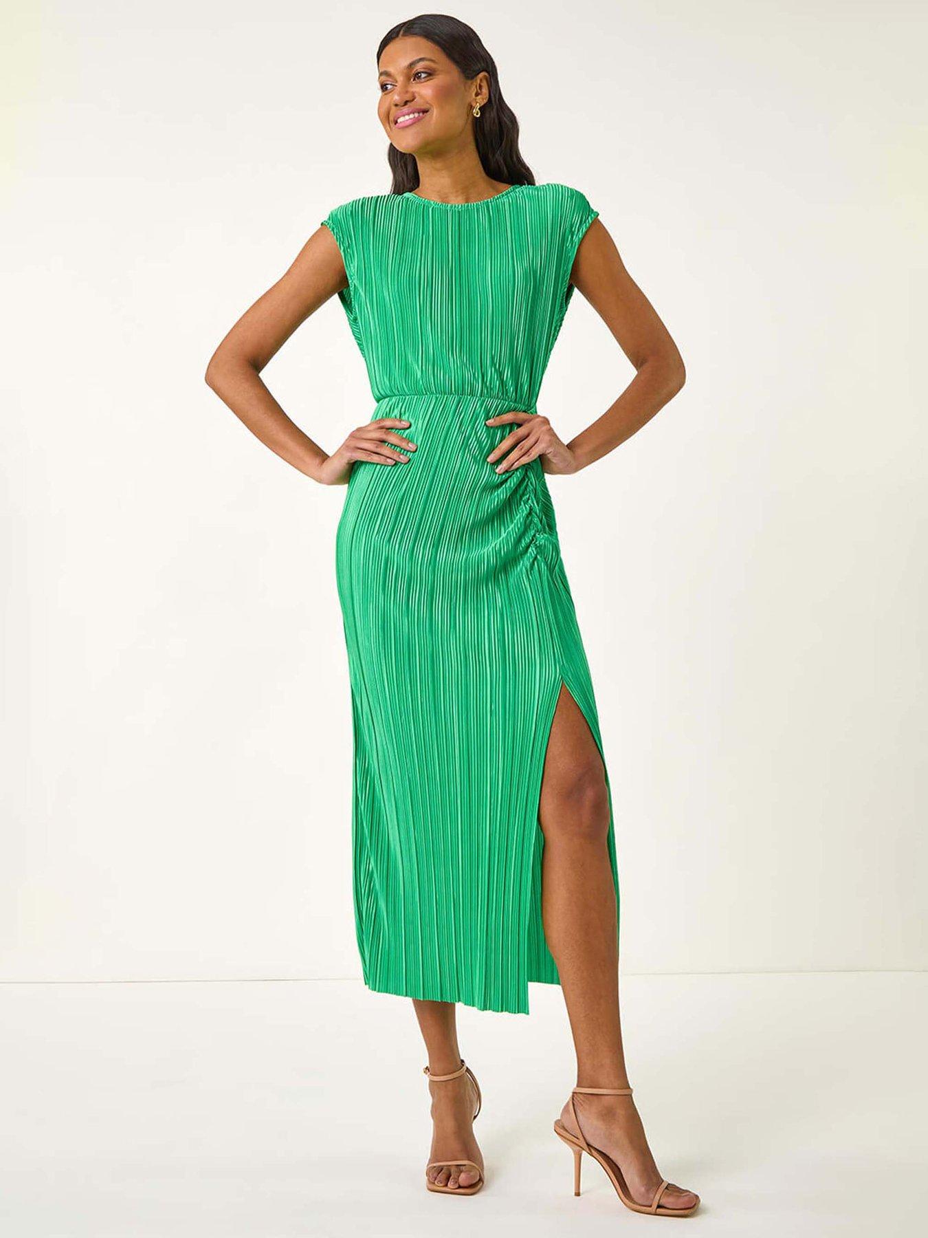 undefined Plisse Cowl Back Midi Dress - Green