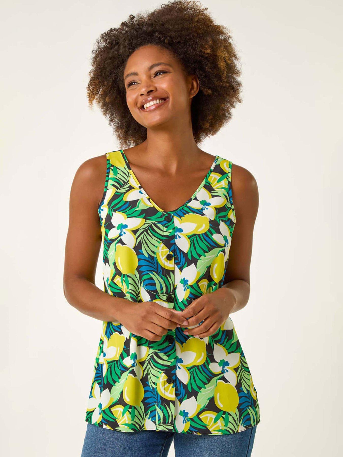 undefined Lemon Floral Buttoned Vest Top - Yellow