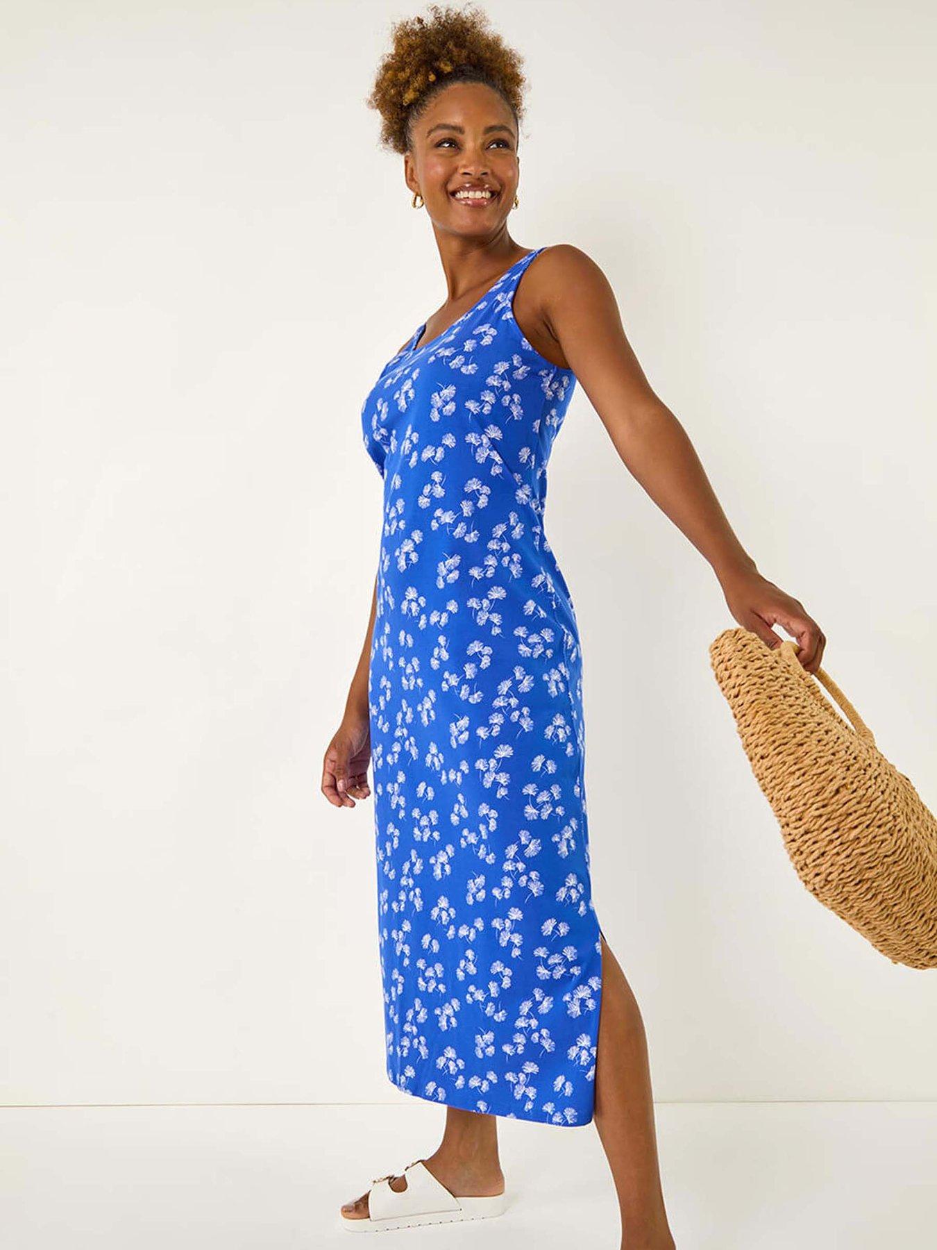 Roman Dandelion Print Midi Dress - Blue