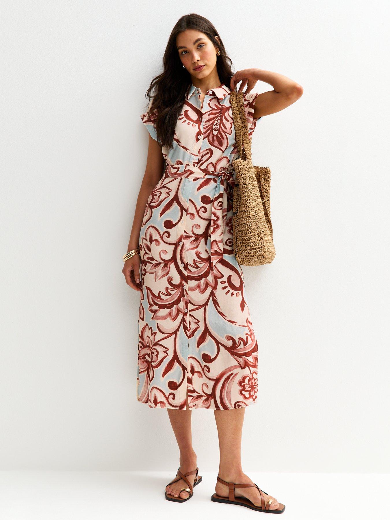 undefined Paisley Print Short Sleeve Midi Shirt Dress - Cream