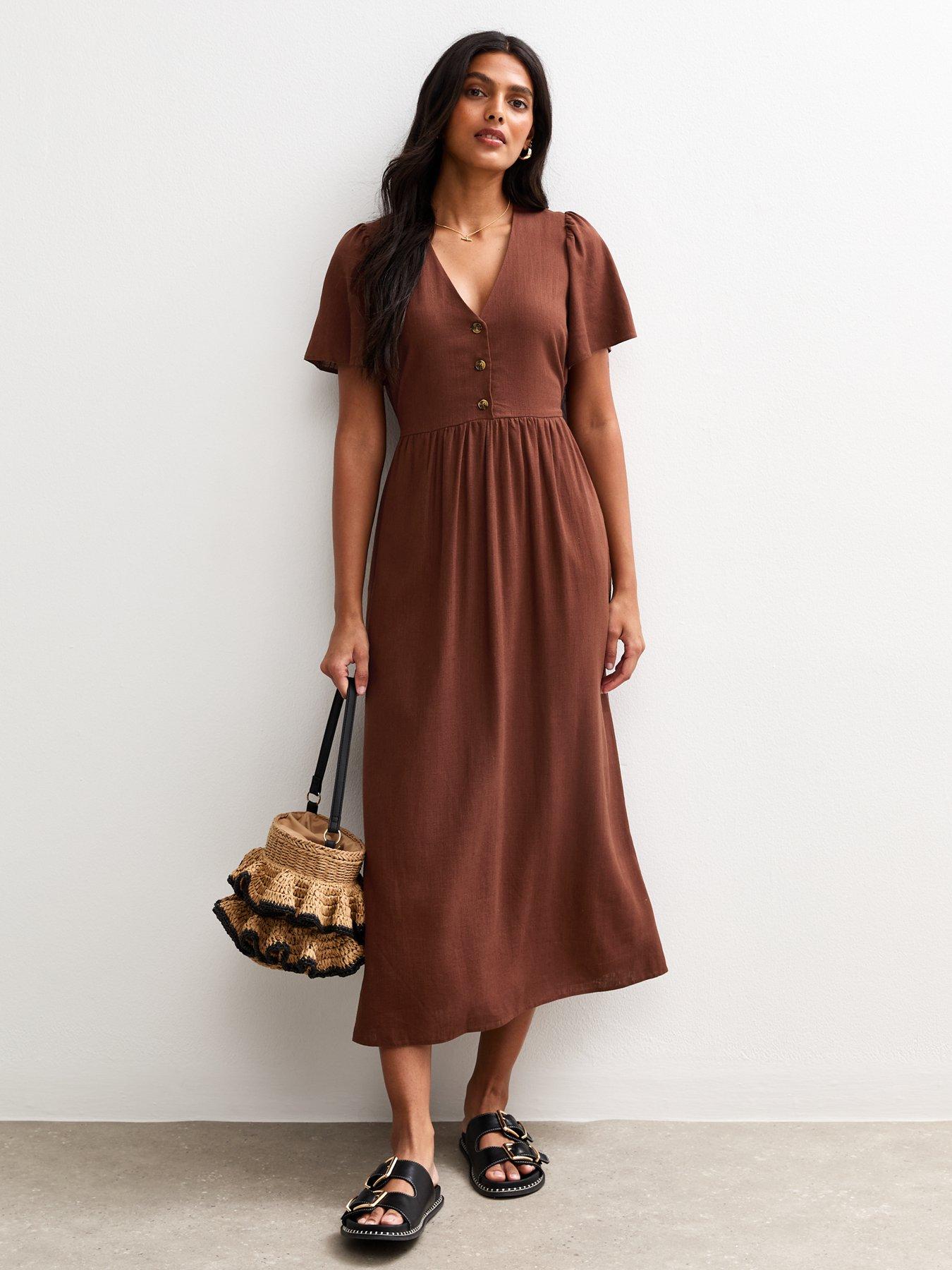 undefined Flutter Sleeve Button Up Midi Dress - Brown