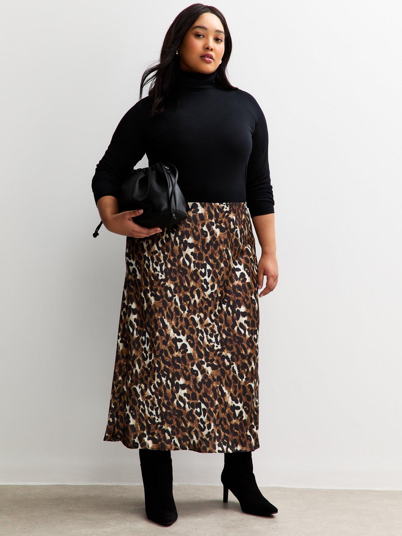 undefined Curves Brown Leopard Print Bias Cut Midi Skirt