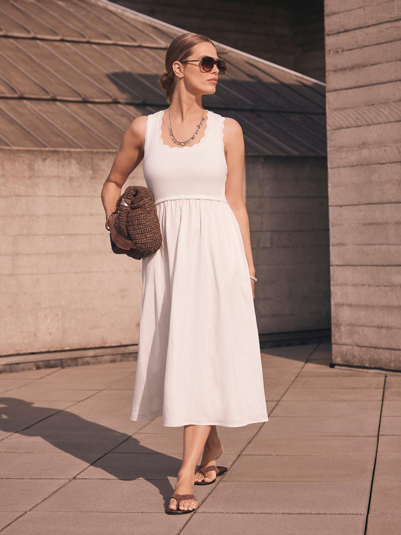 Image 1 of 6 of Mint Velvet Scallop Detail Woven Mix Dress - White