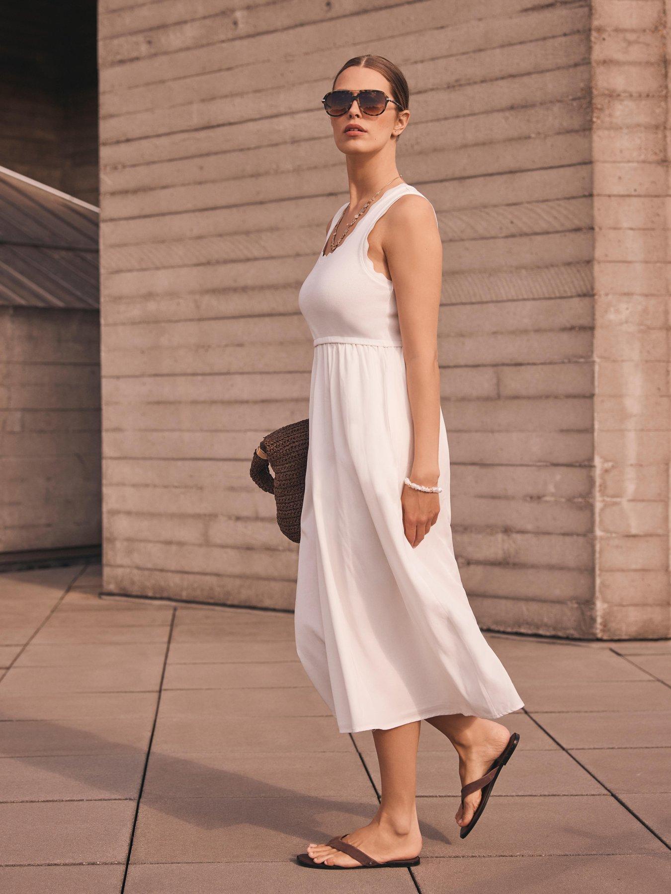 Image 2 of 6 of Mint Velvet Scallop Detail Woven Mix Dress - White