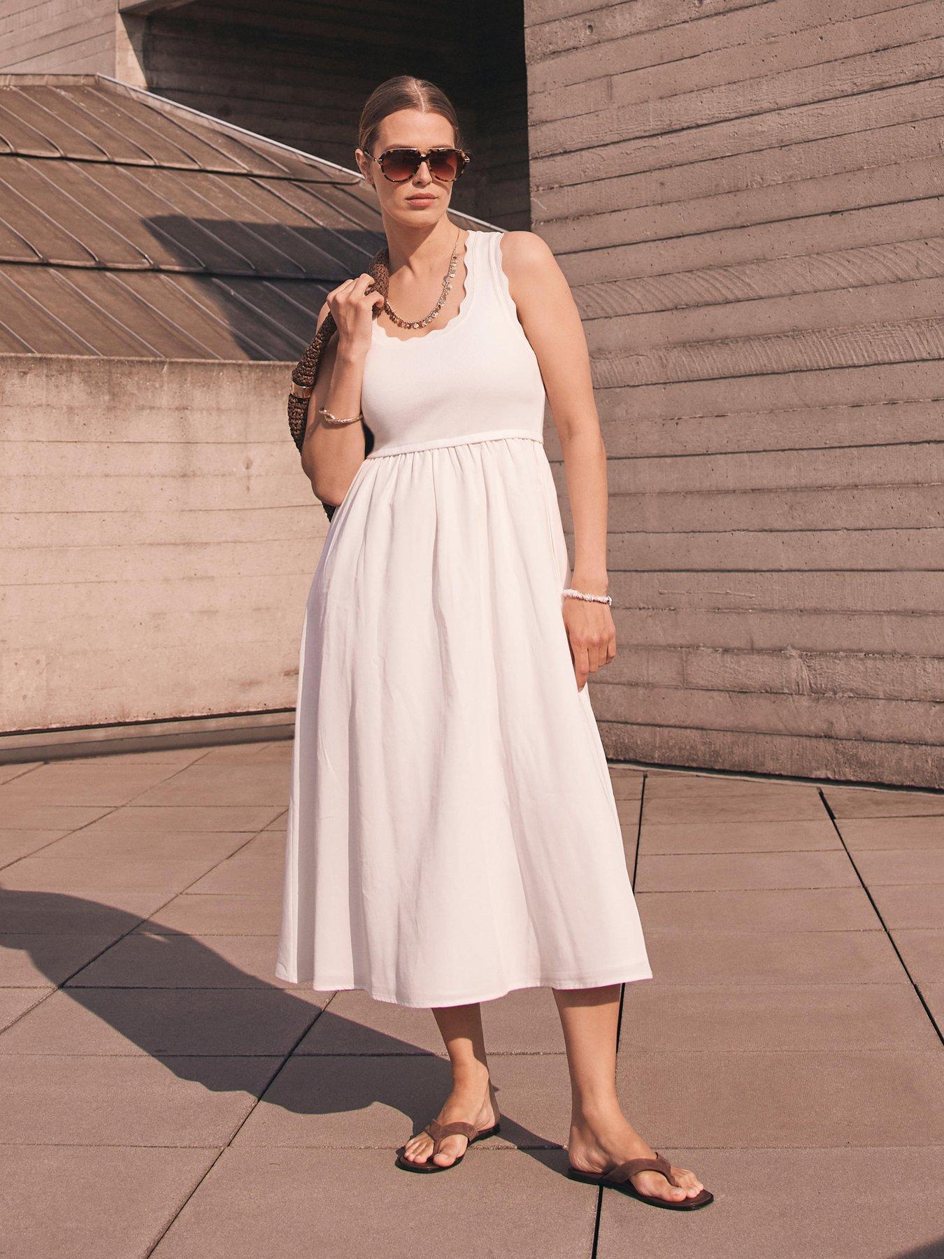 Image 3 of 6 of Mint Velvet Scallop Detail Woven Mix Dress - White