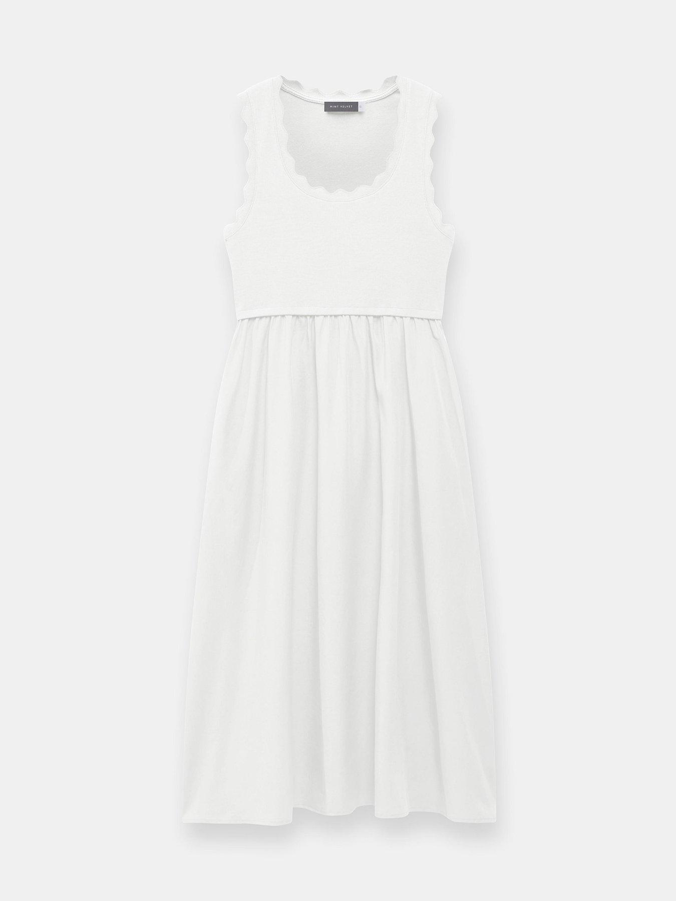 Image 5 of 6 of Mint Velvet Scallop Detail Woven Mix Dress - White