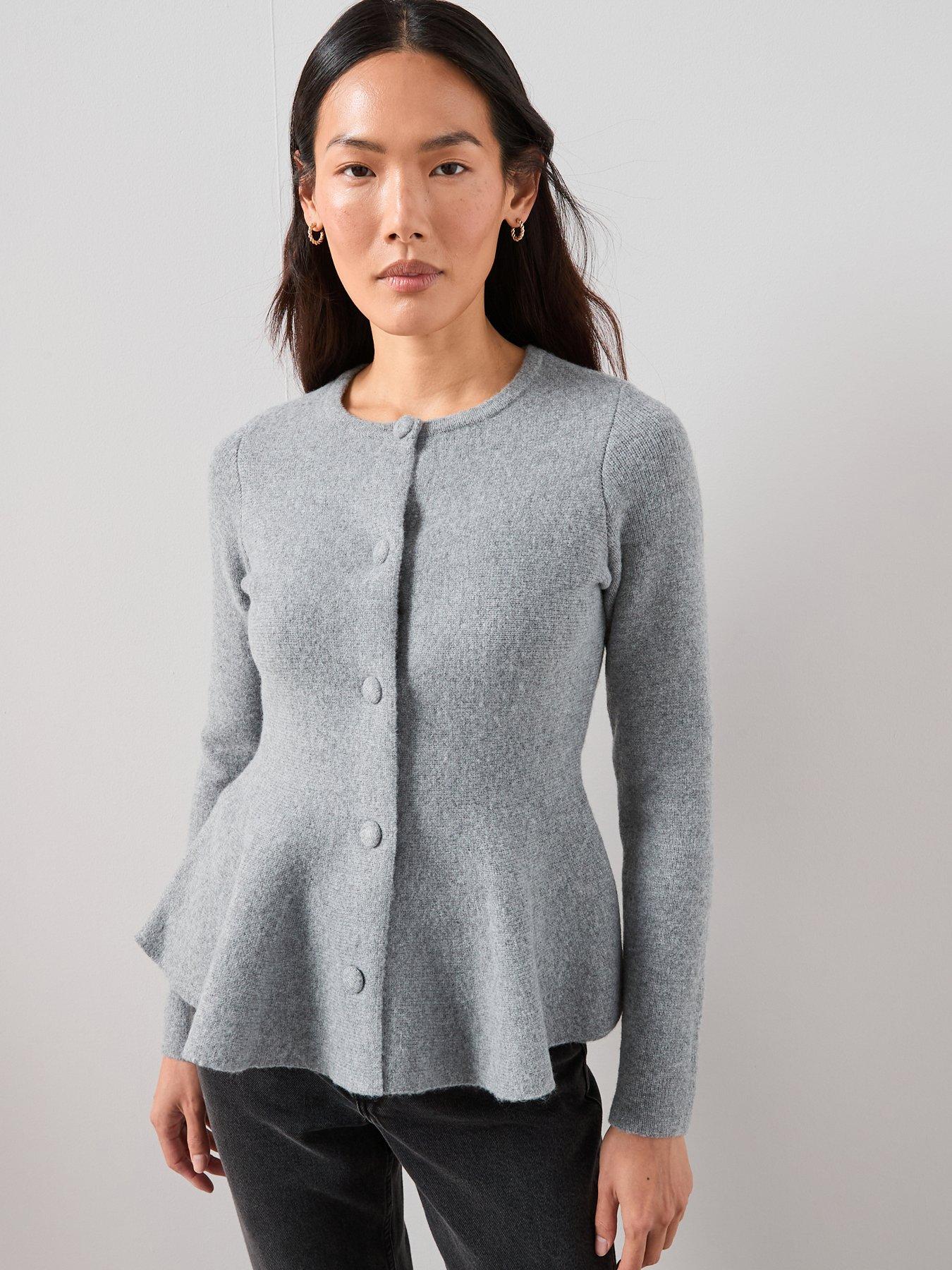  image of the-very-collection-crew-neck-covered-button-peplum-cardigan-grey