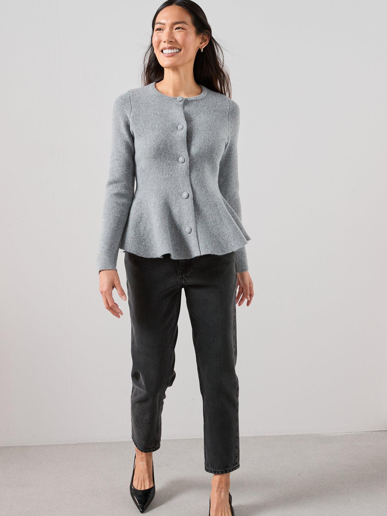  image of the-very-collection-crew-neck-covered-button-peplum-cardigan-grey