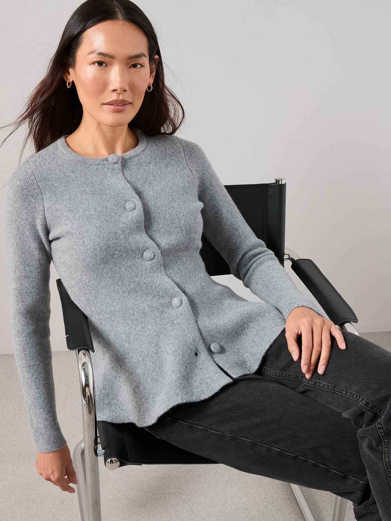  image of the-very-collection-crew-neck-covered-button-peplum-cardigan-grey