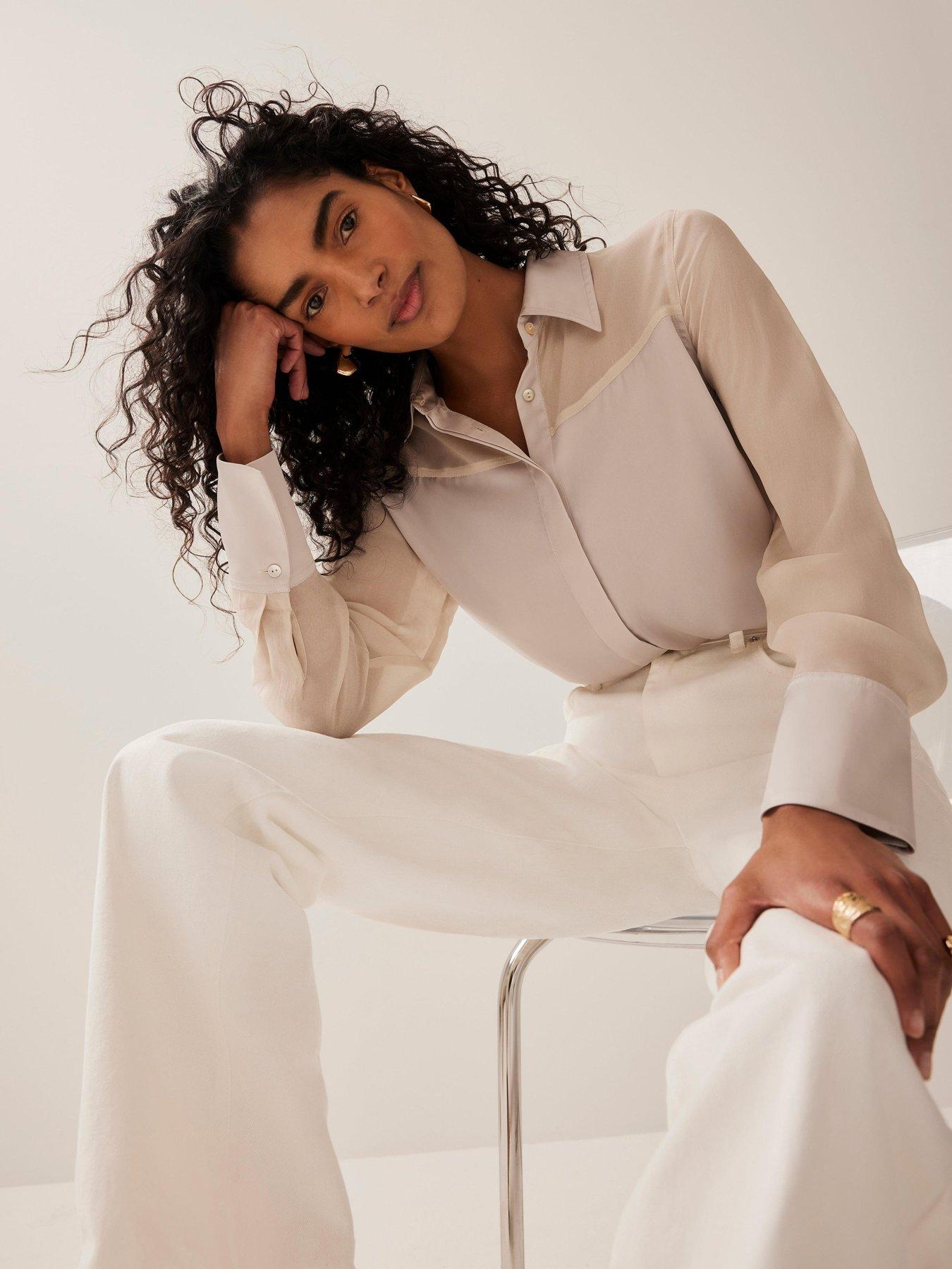 Image 1 of 6 of Mint Velvet Neutral Blocked Satin Shirt - Beige