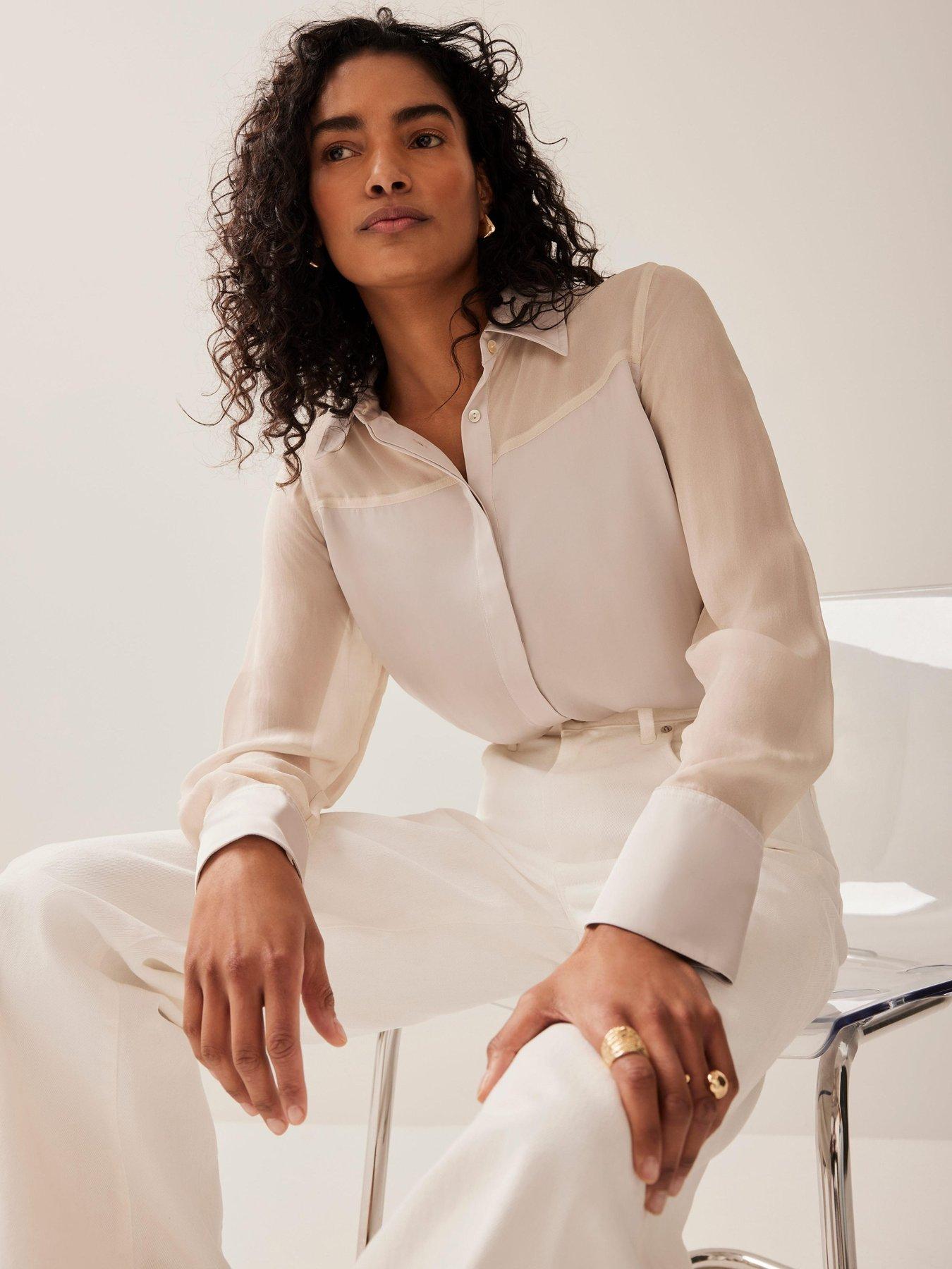 Image 2 of 6 of Mint Velvet Neutral Blocked Satin Shirt - Beige