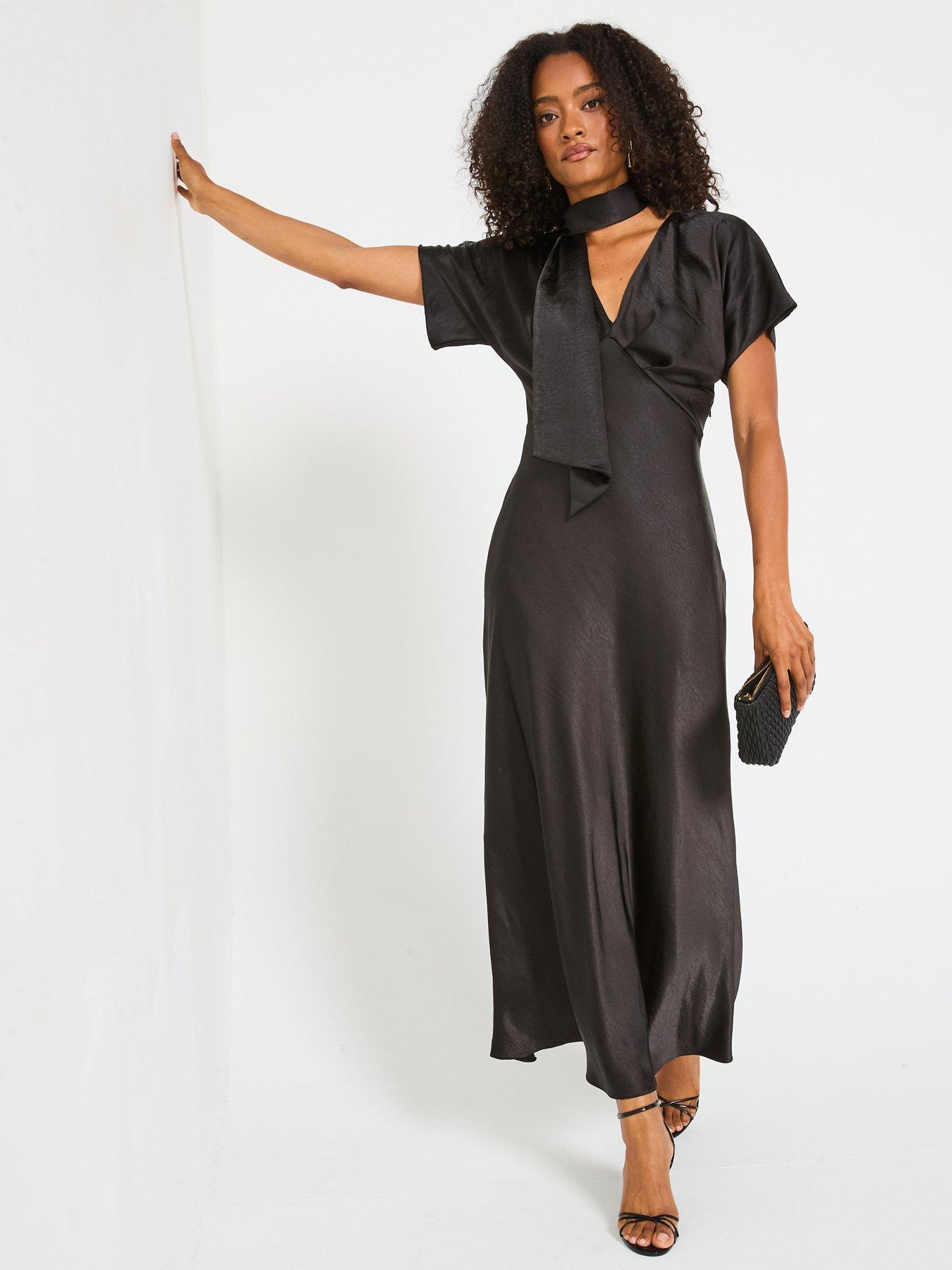 V by Very Satin Tie Neck Maxi Dress - Black