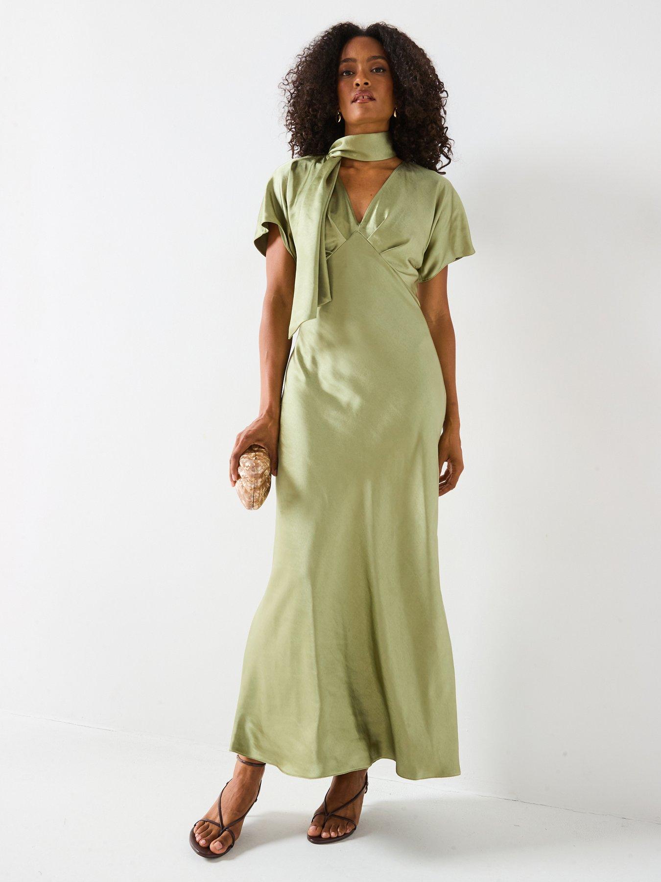 undefined Satin Tie Neck Maxi Dress - Green