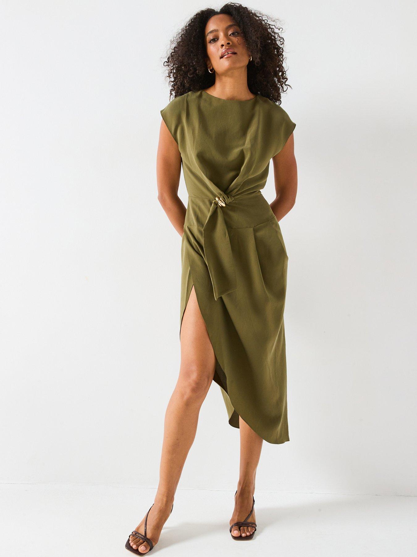 Image 1 of 6 of V by Very Gold Trim Midaxi Dress -&nbsp;Khaki&nbsp;