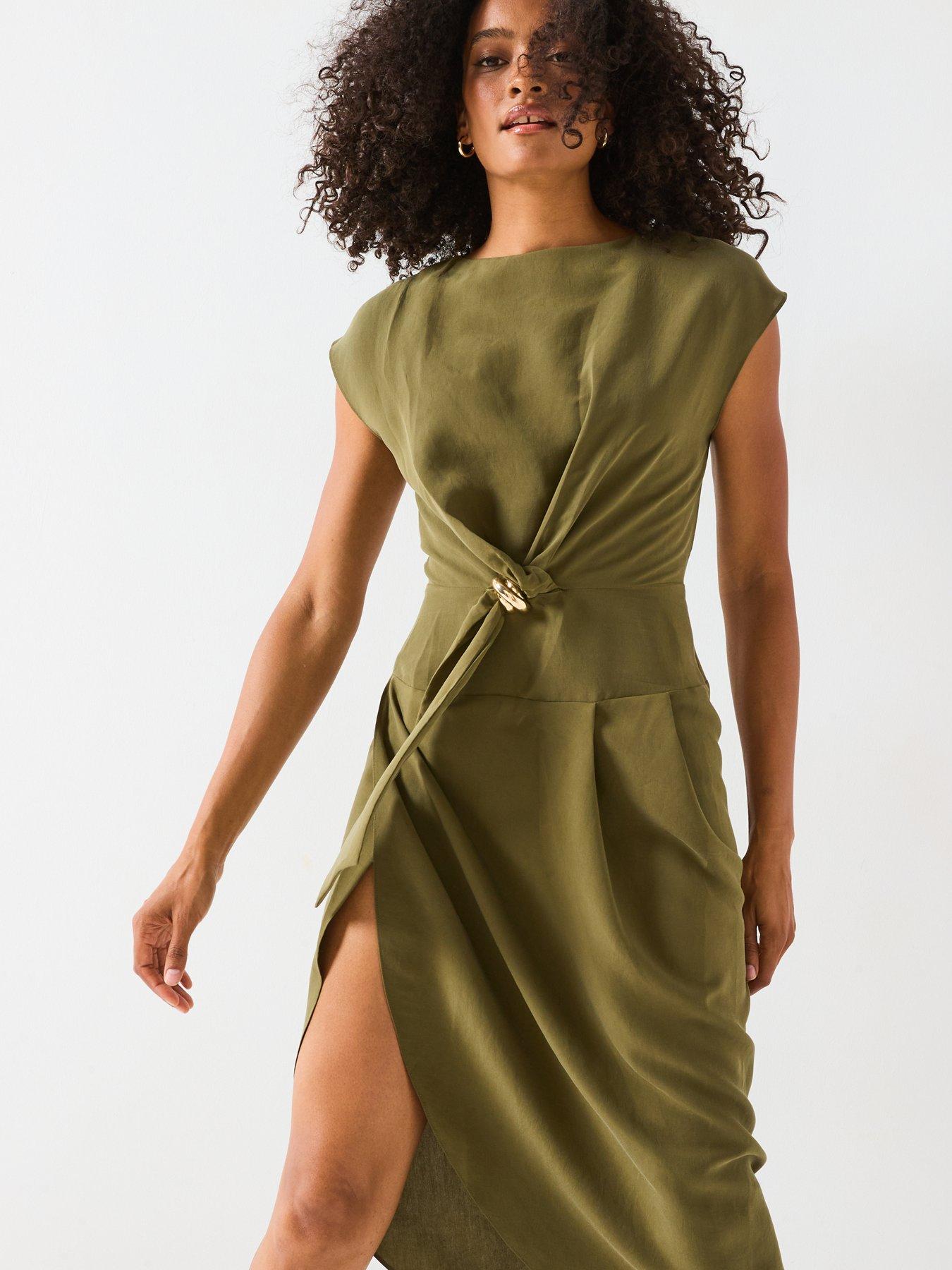 Image 4 of 6 of V by Very Gold Trim Midaxi Dress -&nbsp;Khaki&nbsp;