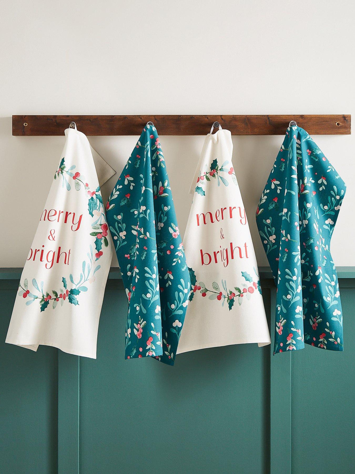 undefined Christmas Holly And Mistle Toe Tea Towels 4 Pk