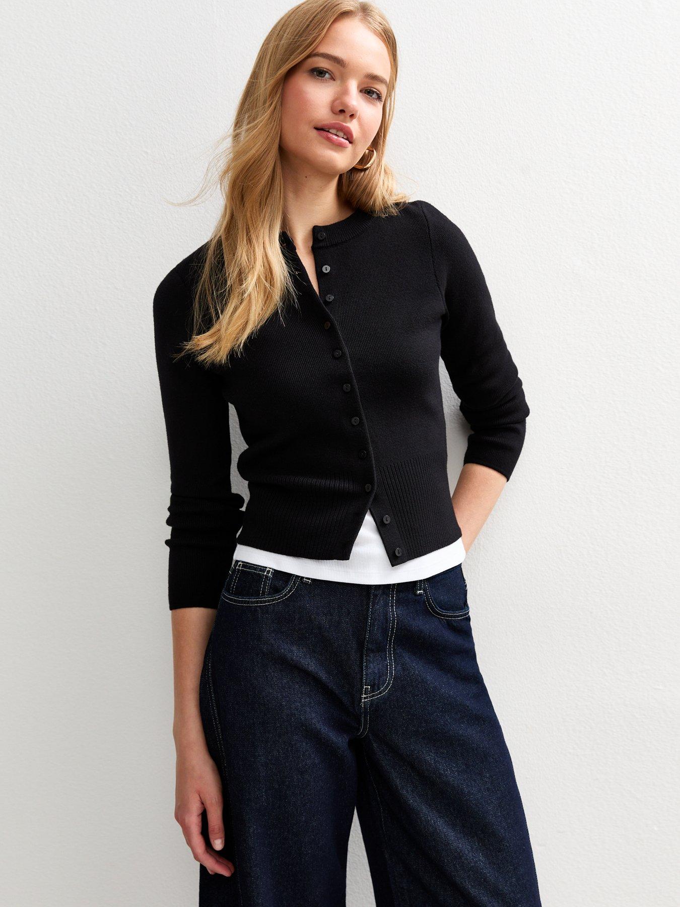 undefined Compact Crew Neck Cardigan- Black