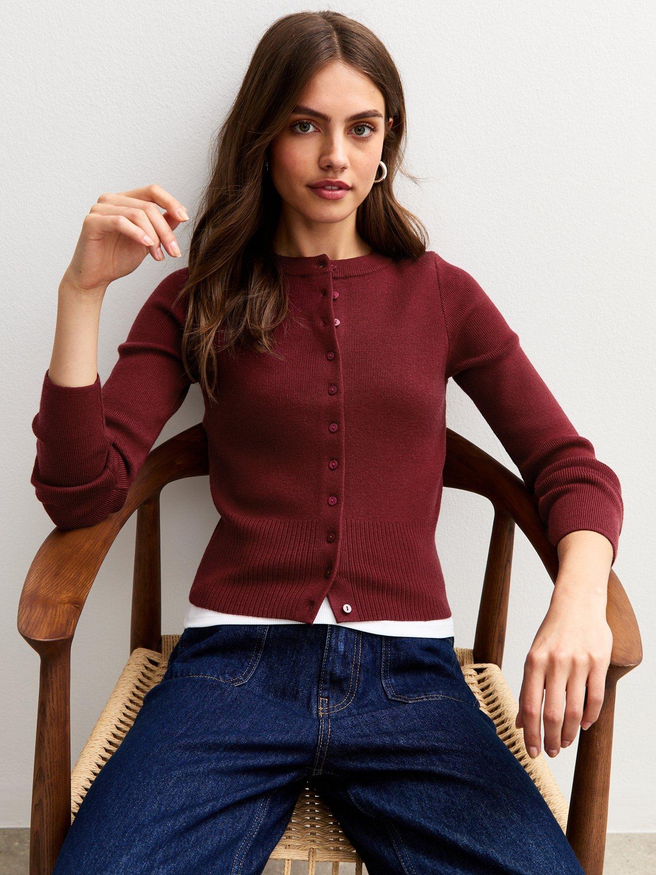 Image 1 of 5 of New Look Dark Red Compact Knit Crew Neck Cardigan
