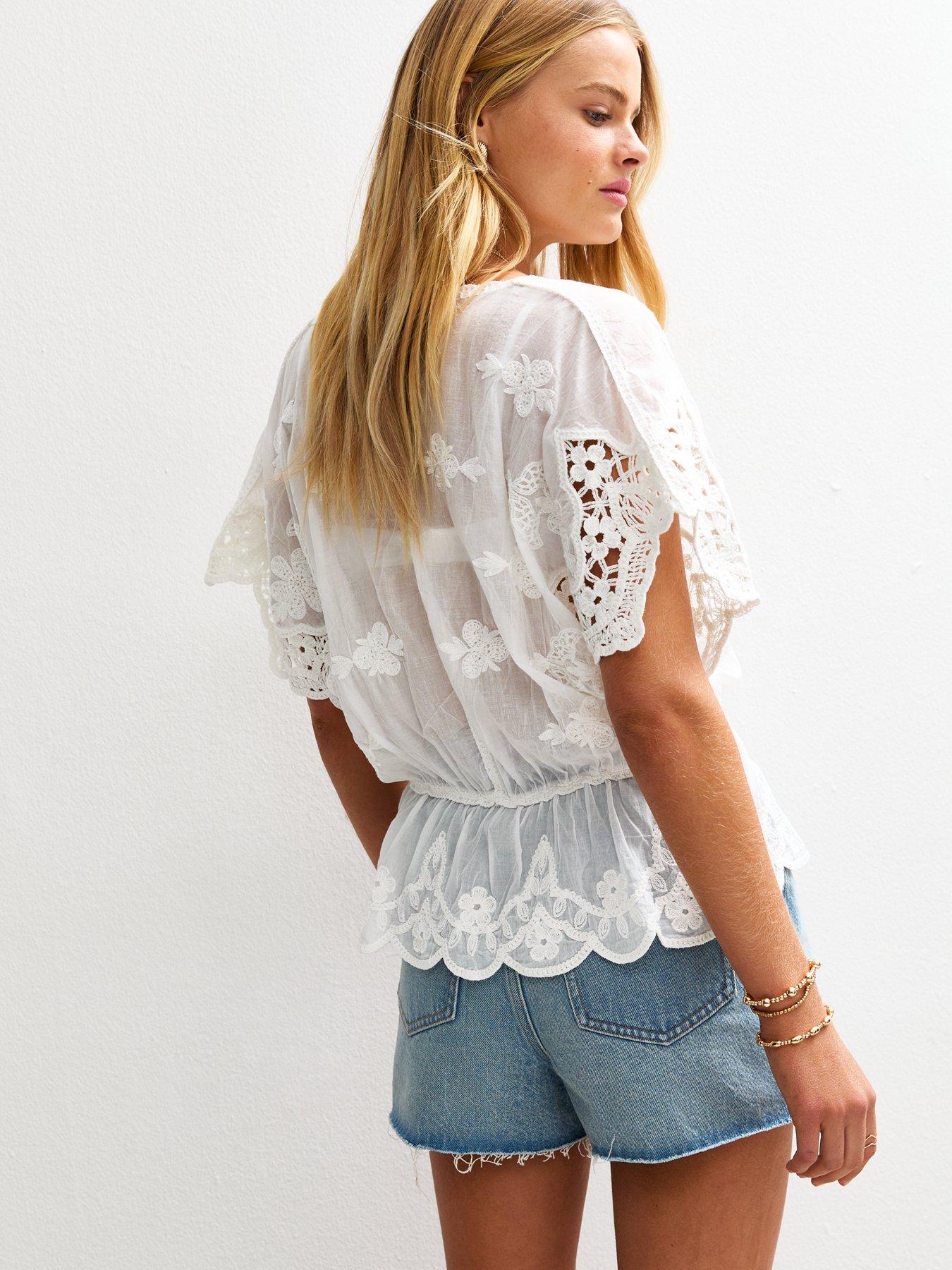  image of new-look-semi-sheer-crochet-lace-trim-v-neck-blouse-white