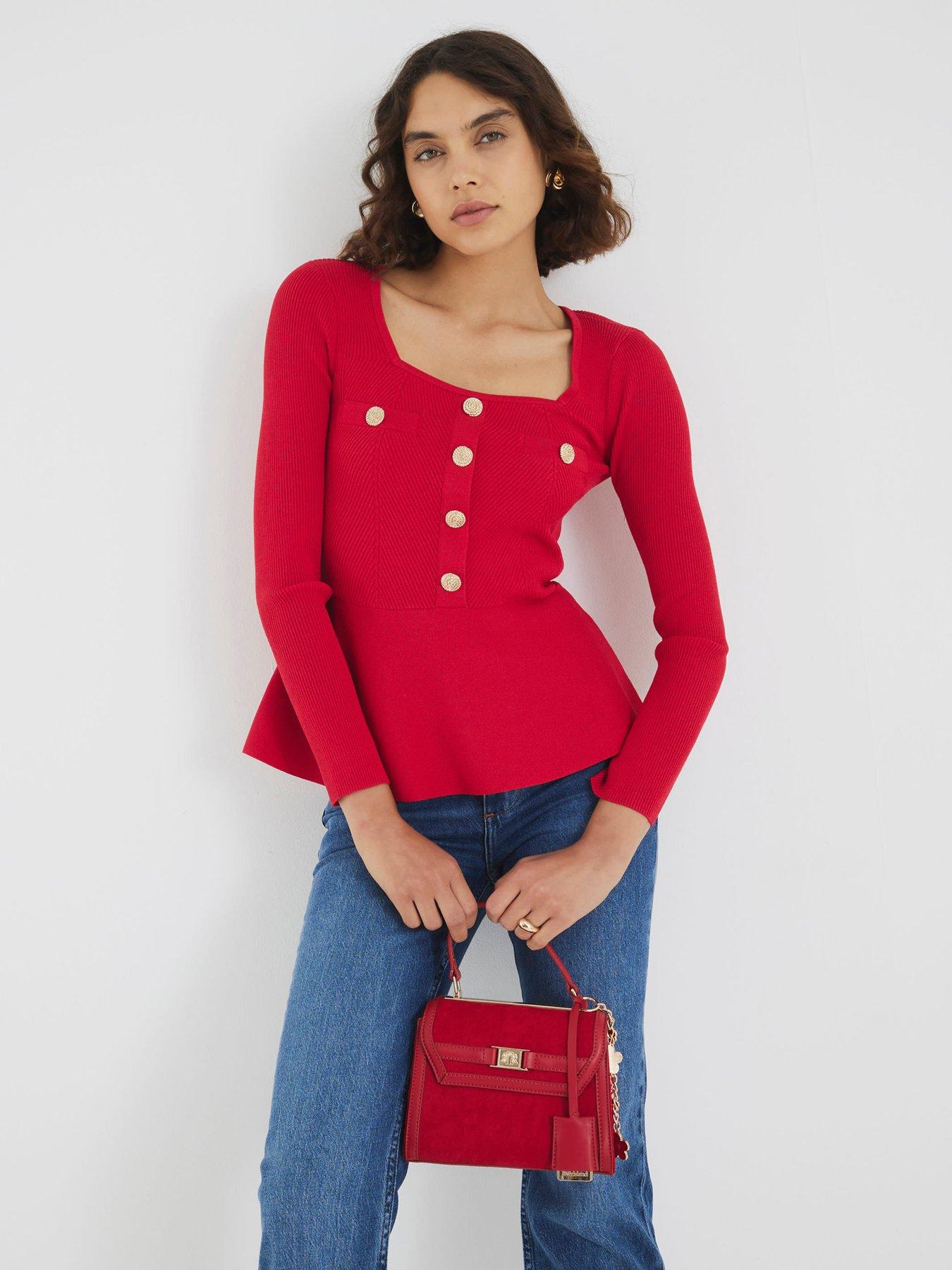undefined Long Sleeve Peplum Brunch Top - Red