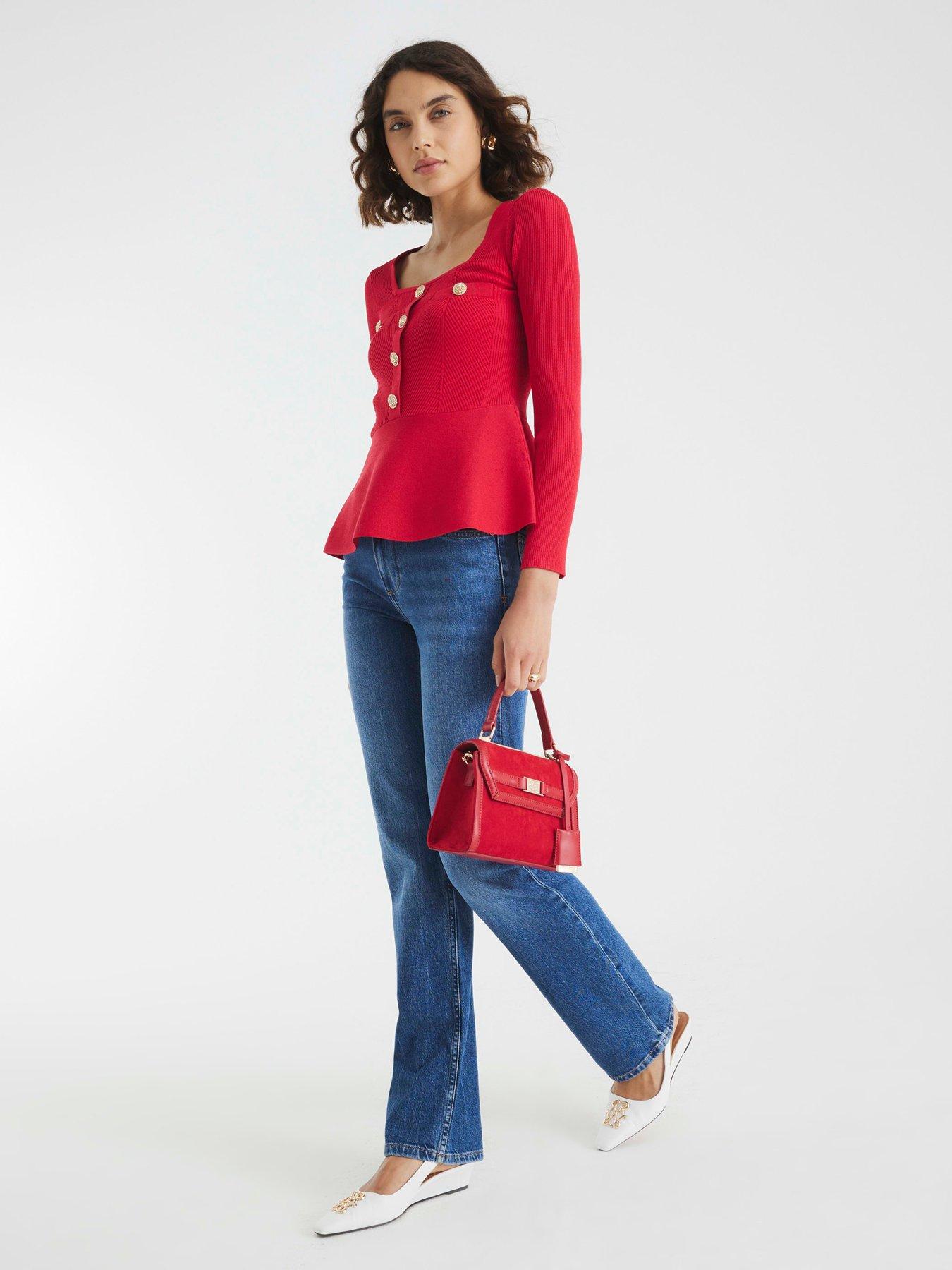 Image 3 of 6 of River Island Long Sleeve Peplum Brunch Top - Red