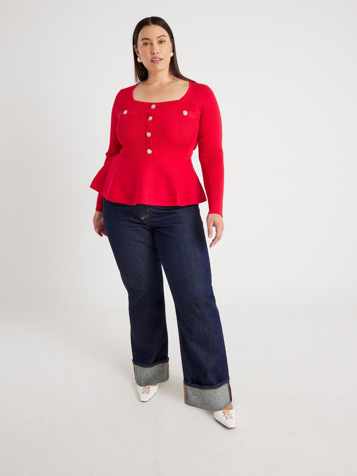 Image 4 of 6 of River Island Long Sleeve Peplum Brunch Top - Red