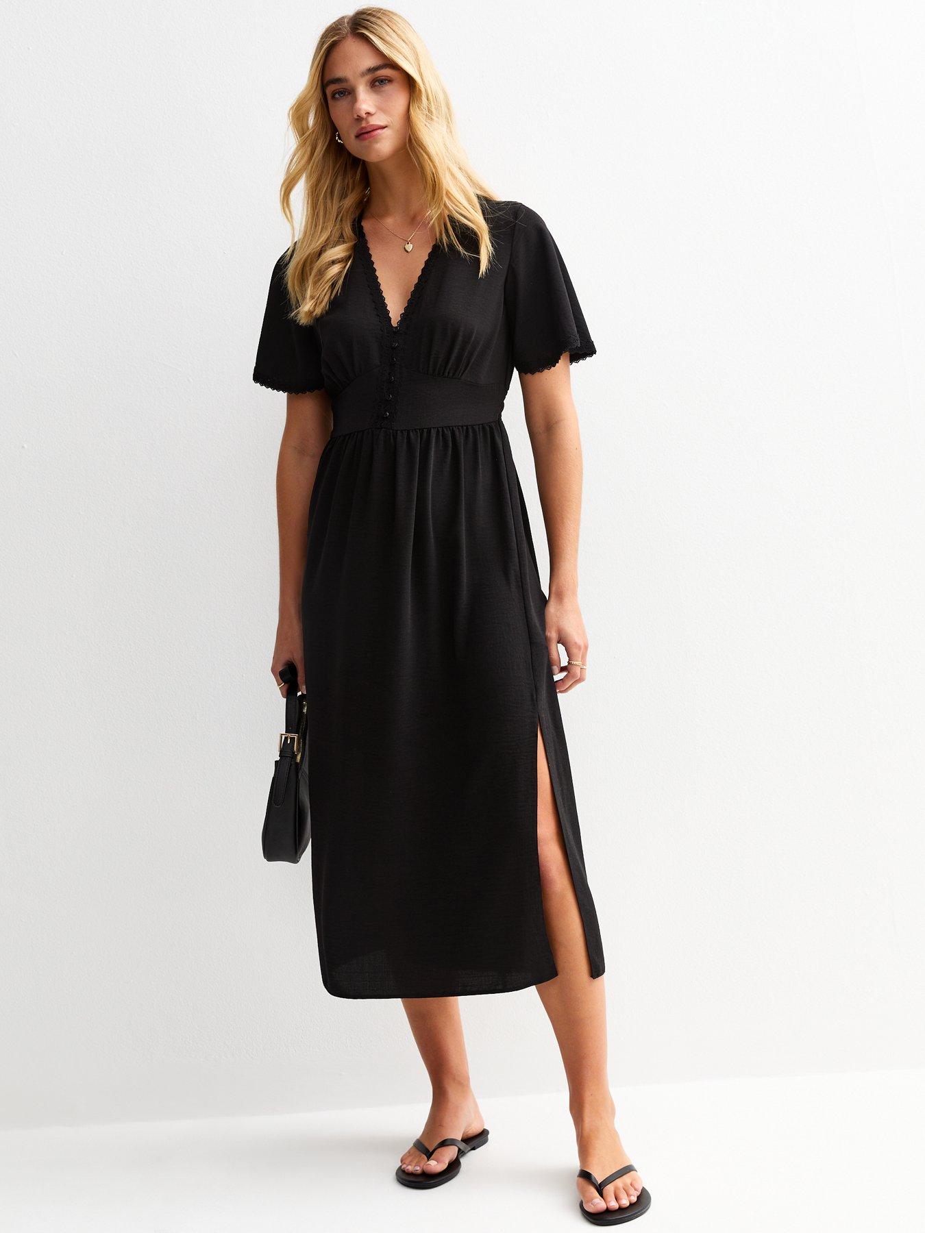 Image 1 of 5 of New Look Black Lace Trim Button Through Midi Dress